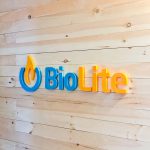 Colored logo on light wood slat wall for Biolite, a New York City based startup that develops and manufactures off-grid energy products for both the outdoor recreational industry and emerging markets.