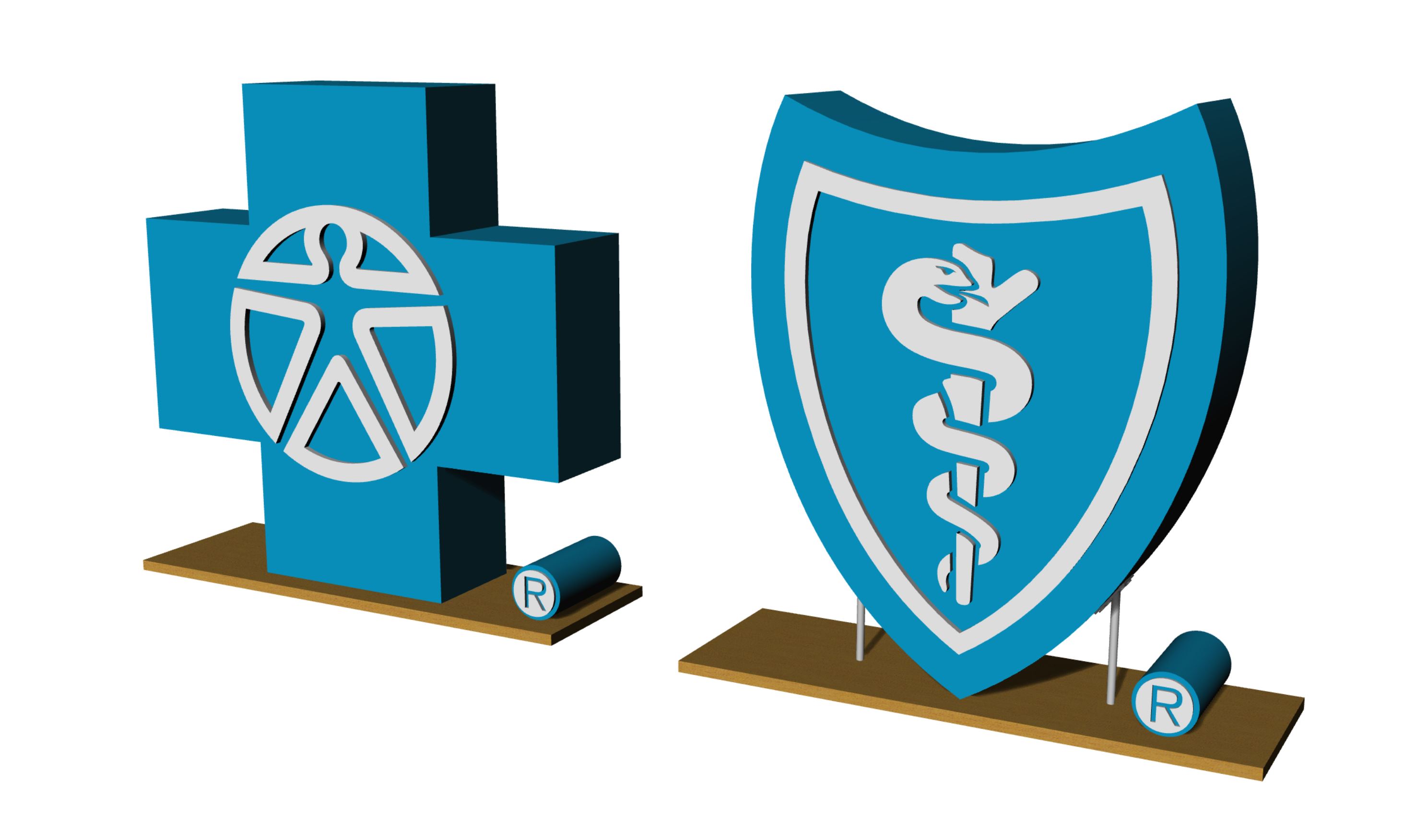 Large scale blue and white Blue Cross Blue Shield foam freestanding event logos for Aspen Event Works, a boutique event planning company specializing in creative and memorable event experiences.