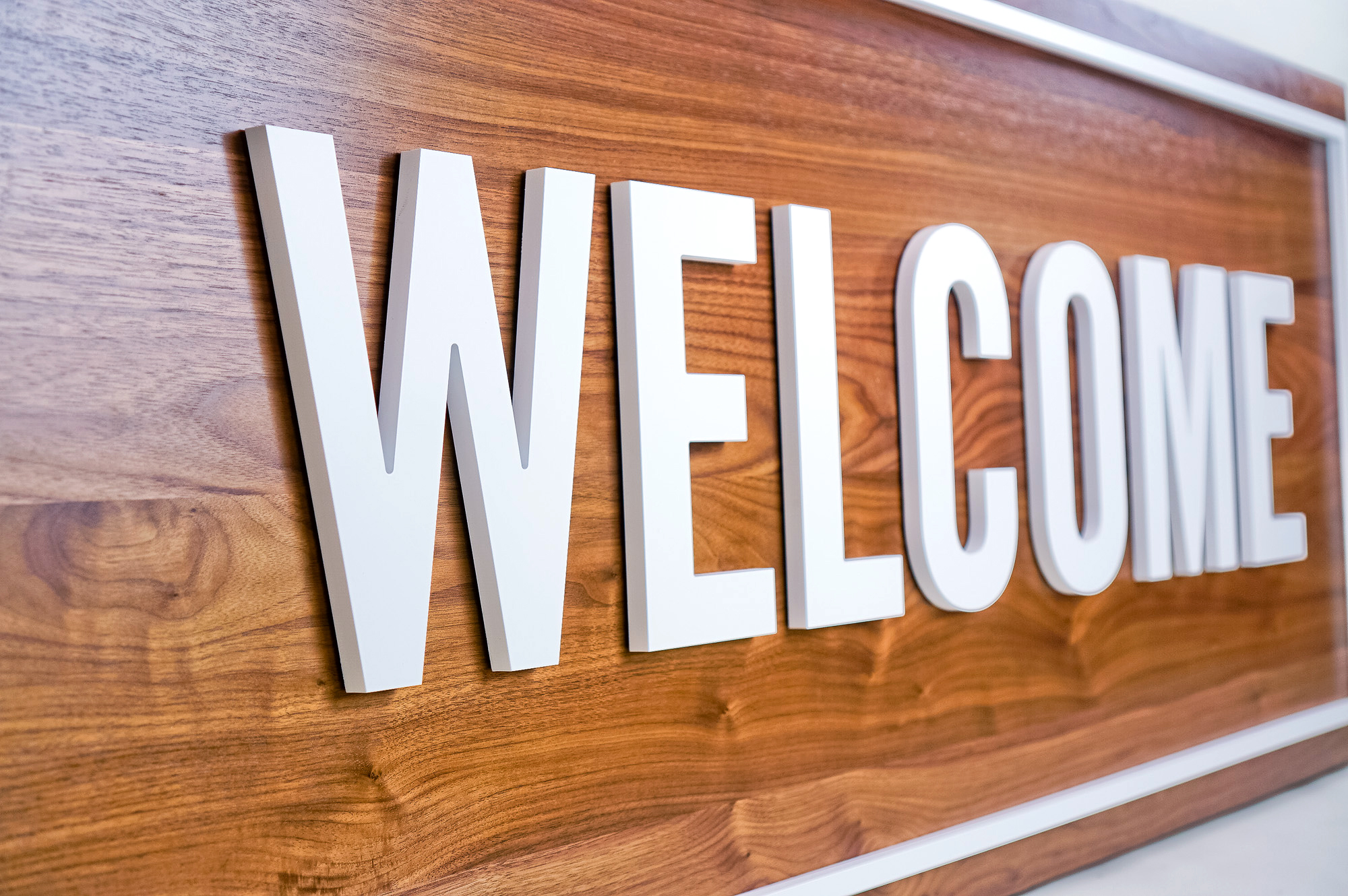 Solid walnut and white acrylic welcome sign for Columbia Church, a church in Richland, WA.