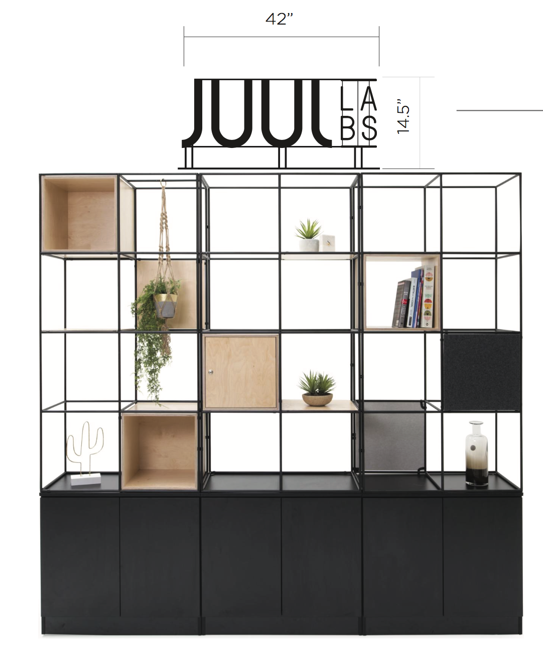 Black metal floating letter shelf sign for the San Francisco office of Juul, an electronic cigarette company.