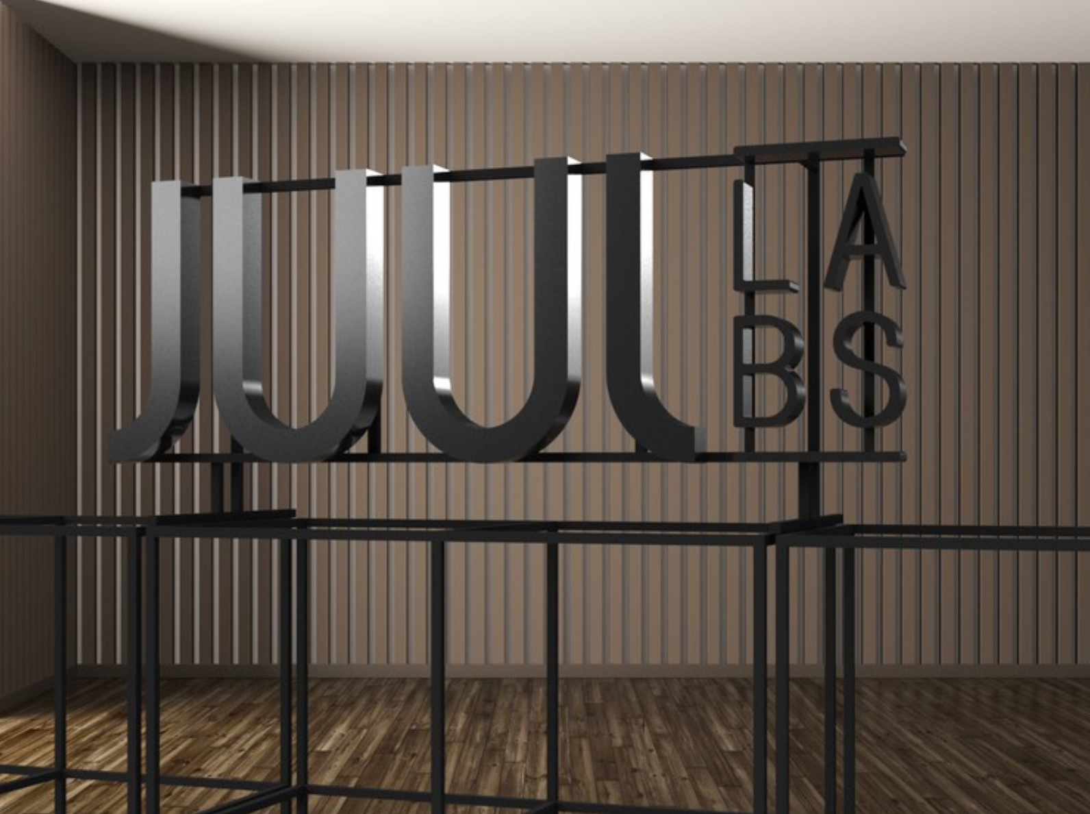 Black metal floating letter shelf sign for the San Francisco office of Juul, an electronic cigarette company. Black metal floating letter shelf sign for the San Francisco office of Juul, an electronic cigarette company.