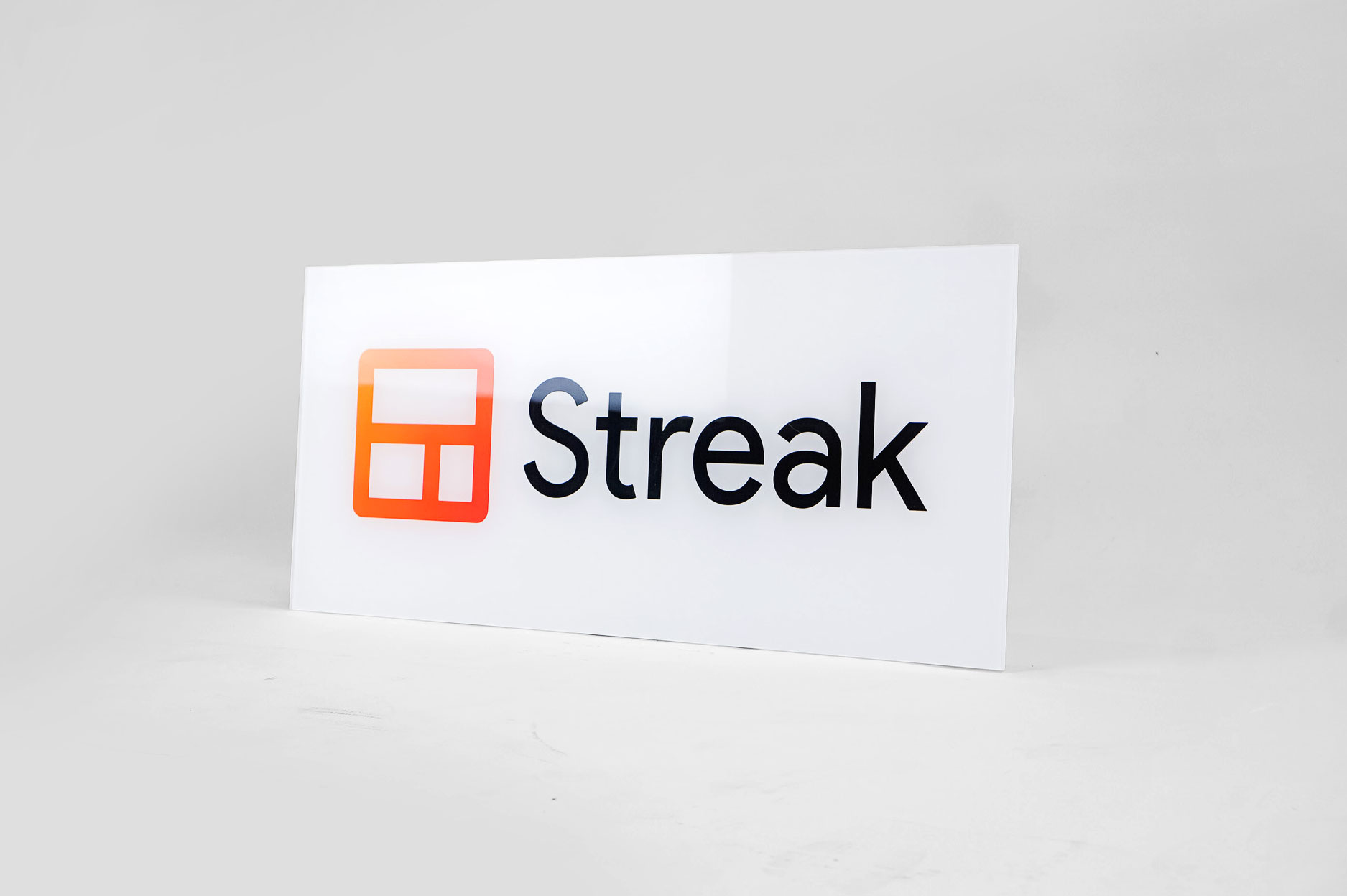 Glass-like printed panel sign for Streak, a San Francisco based relationship management platform for Gmail.