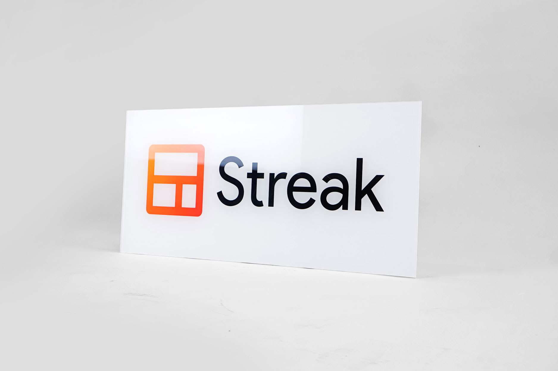 Glass-like printed panel sign for Streak, a San Francisco based relationship management platform for Gmail. Glass-like printed panel sign for Streak, a San Francisco based relationship management platform for Gmail.
