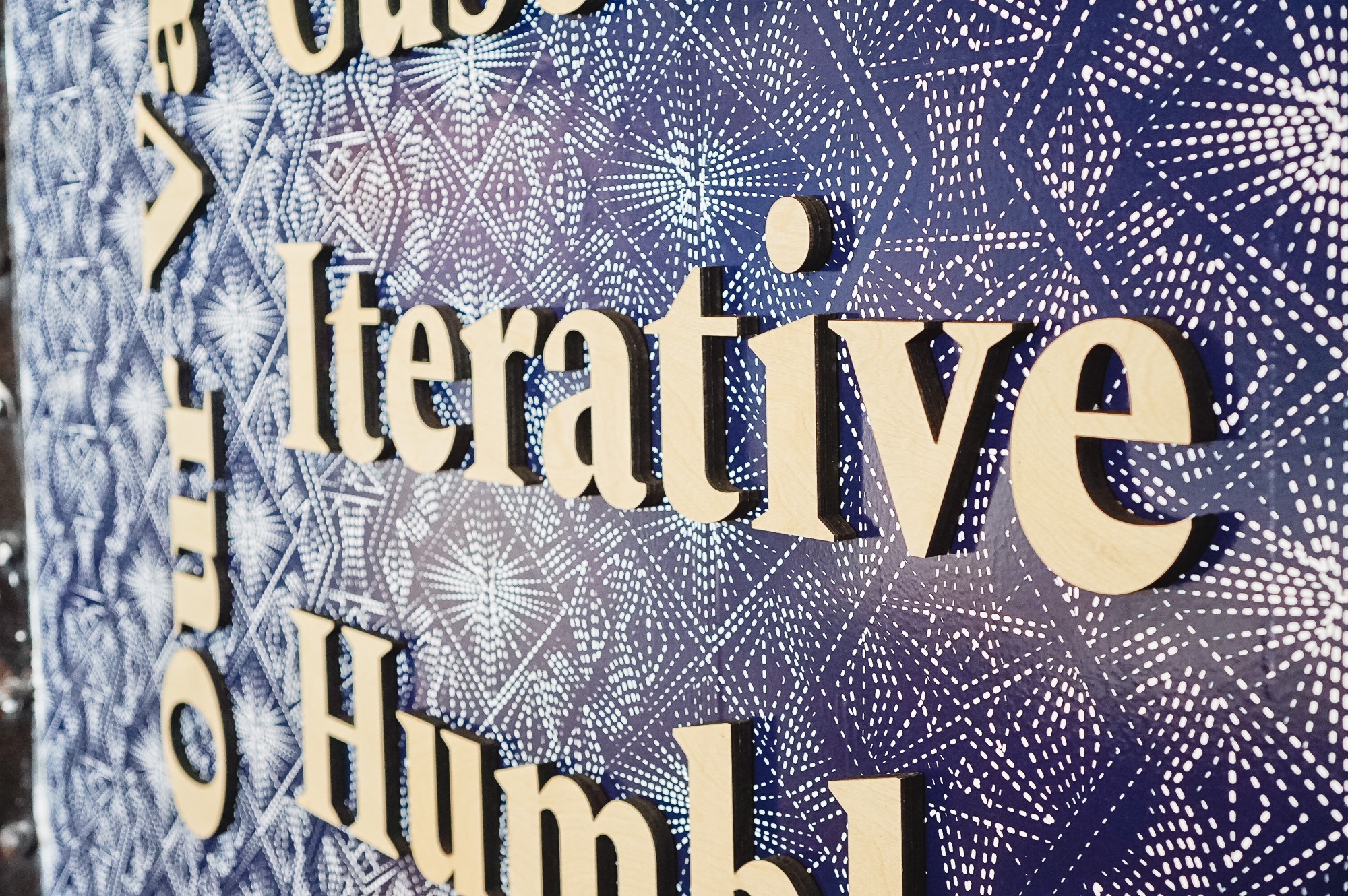 Light wood letters on blue geometric patterned wallpaper for the lobby of Zeus, a San Francisco based company providing beautiful, fully furnished homes for business travelers staying one month or longer. Light wood letters on blue geometric patterned wallpaper for the lobby of Zeus, a San Francisco based company providing beautiful, fully furnished homes for business travelers staying one month or longer.
