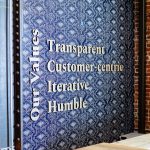 Light wood letters on blue geometric patterned wallpaper for the lobby of Zeus, a San Francisco based company providing beautiful, fully furnished homes for business travelers staying one month or longer.