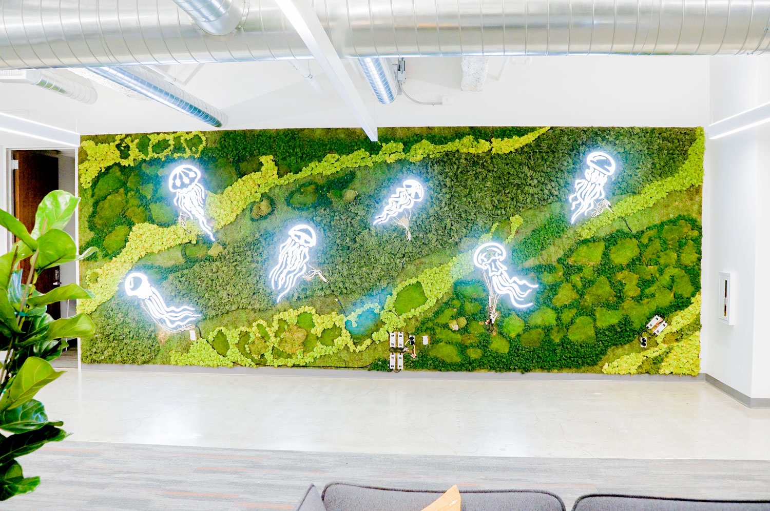 Illuminated, neon-style jellyfish on moss wall at the office of Benchling, a San Francisco based company working on a unified platform to accelerate, measure, and forecast R&D from discovery through bioprocessing. Illuminated, neon-style jellyfish on moss wall at the office of Benchling, a San Francisco based company working on a unified platform to accelerate, measure, and forecast R&D from discovery through bioprocessing.