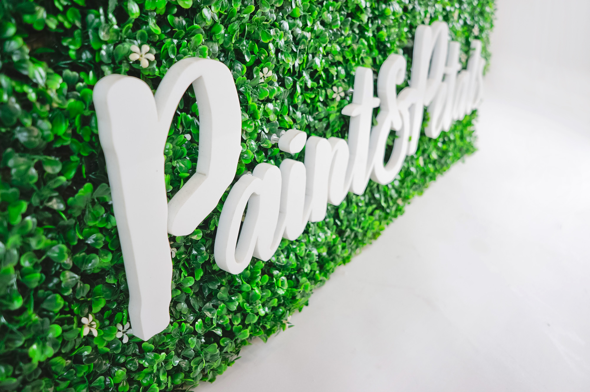 Faux boxwood sign with white script text for Paint & Petals, a California-based housewares collection created from Bridgette Thornton’s hand-painted designs. Faux boxwood sign with white script text for Paint & Petals, a California-based housewares collection created from Bridgette Thornton’s hand-painted designs.