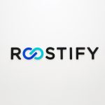 Dimensional, full color logo on white wall in lobby and elevator vestibule for the San Francisco office of Roostify, an integrated digital mortgage software platform.
