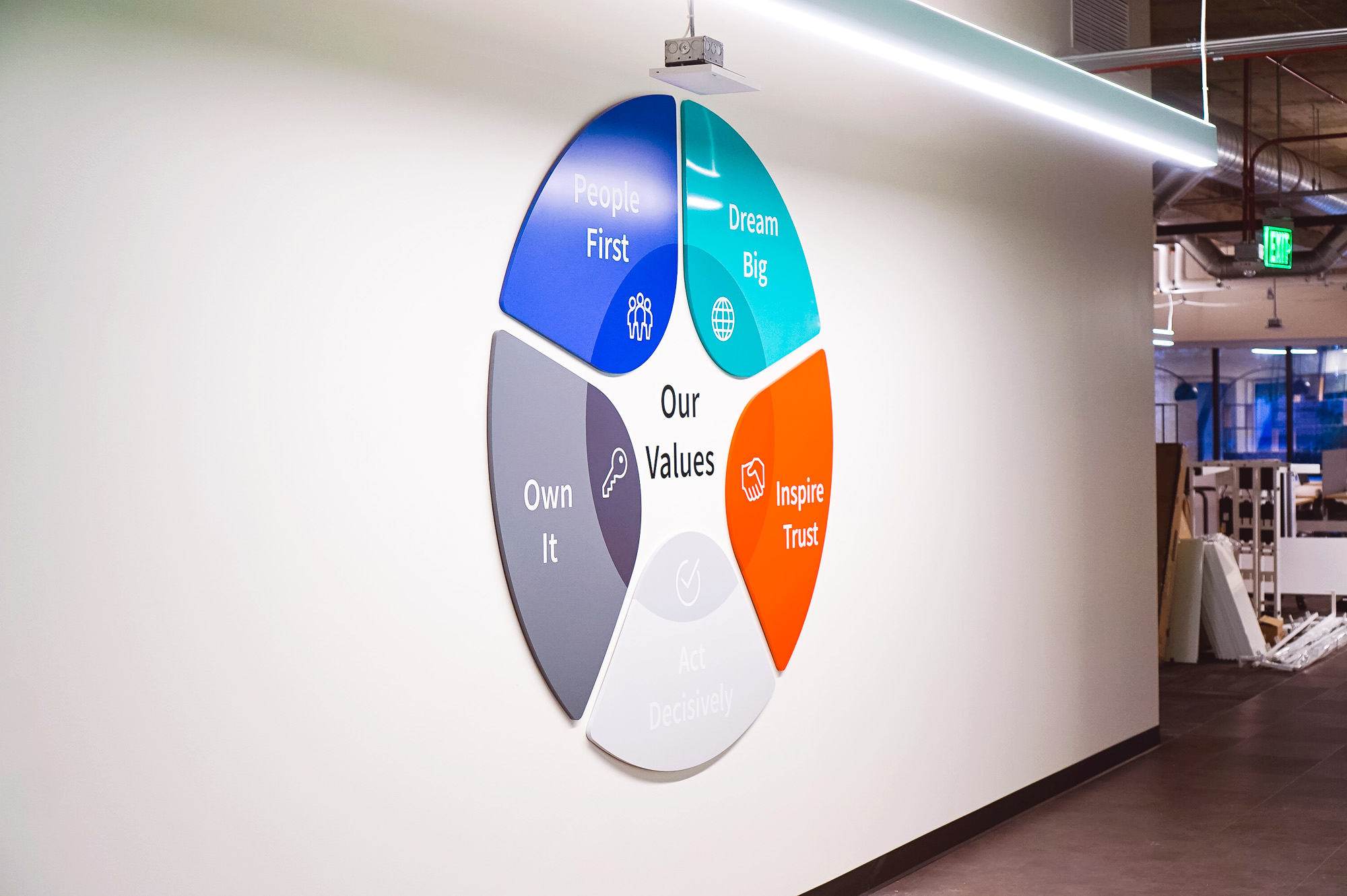 Dimensional, full-color company values graphic on white wall in the San Francisco office of Roostify, an integrated digital mortgage software platform. Dimensional, full-color company values graphic on white wall in the San Francisco office of Roostify, an integrated digital mortgage software platform.