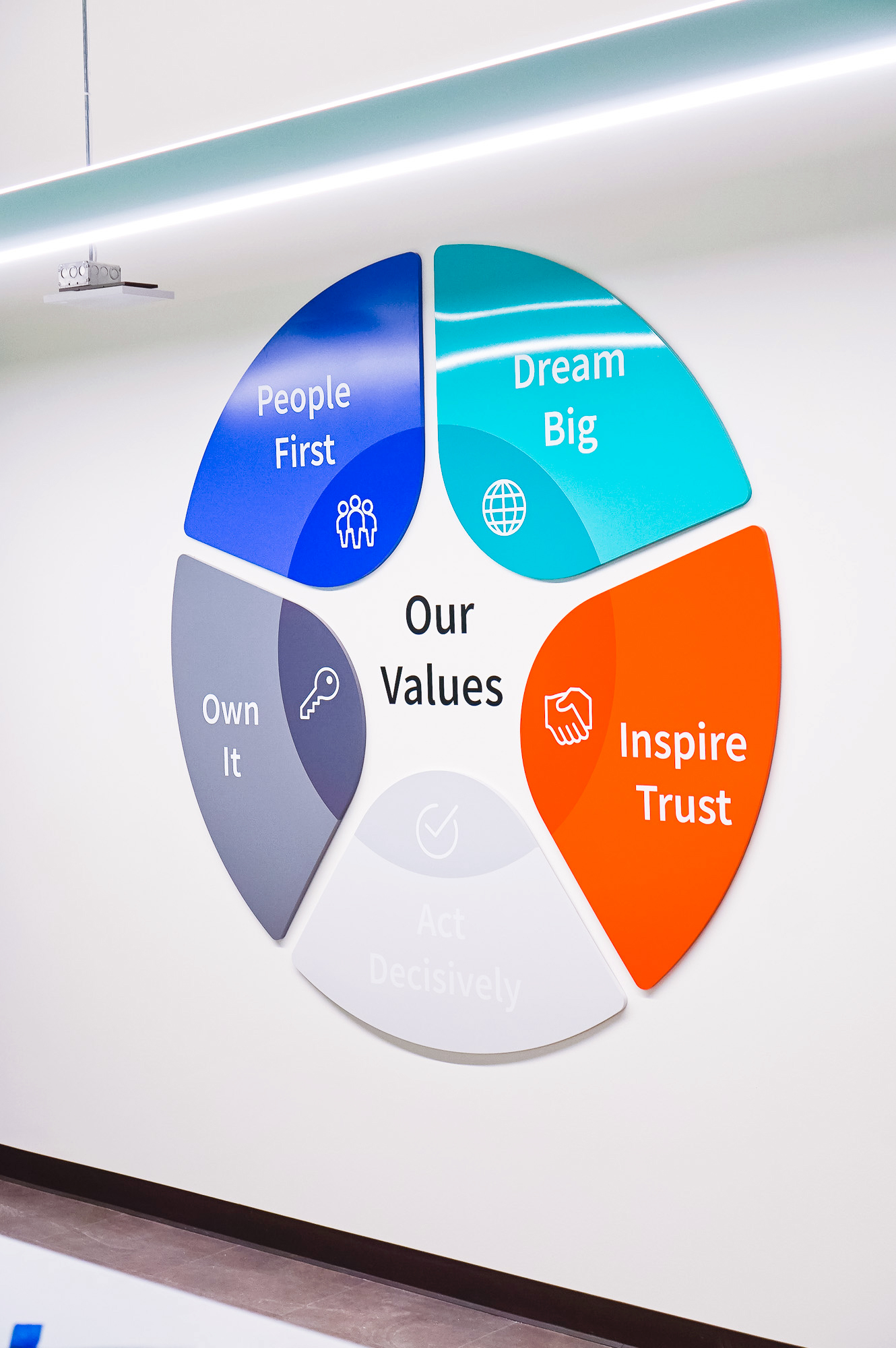 Dimensional, full-color company values graphic on white wall in the San Francisco office of Roostify, an integrated digital mortgage software platform.