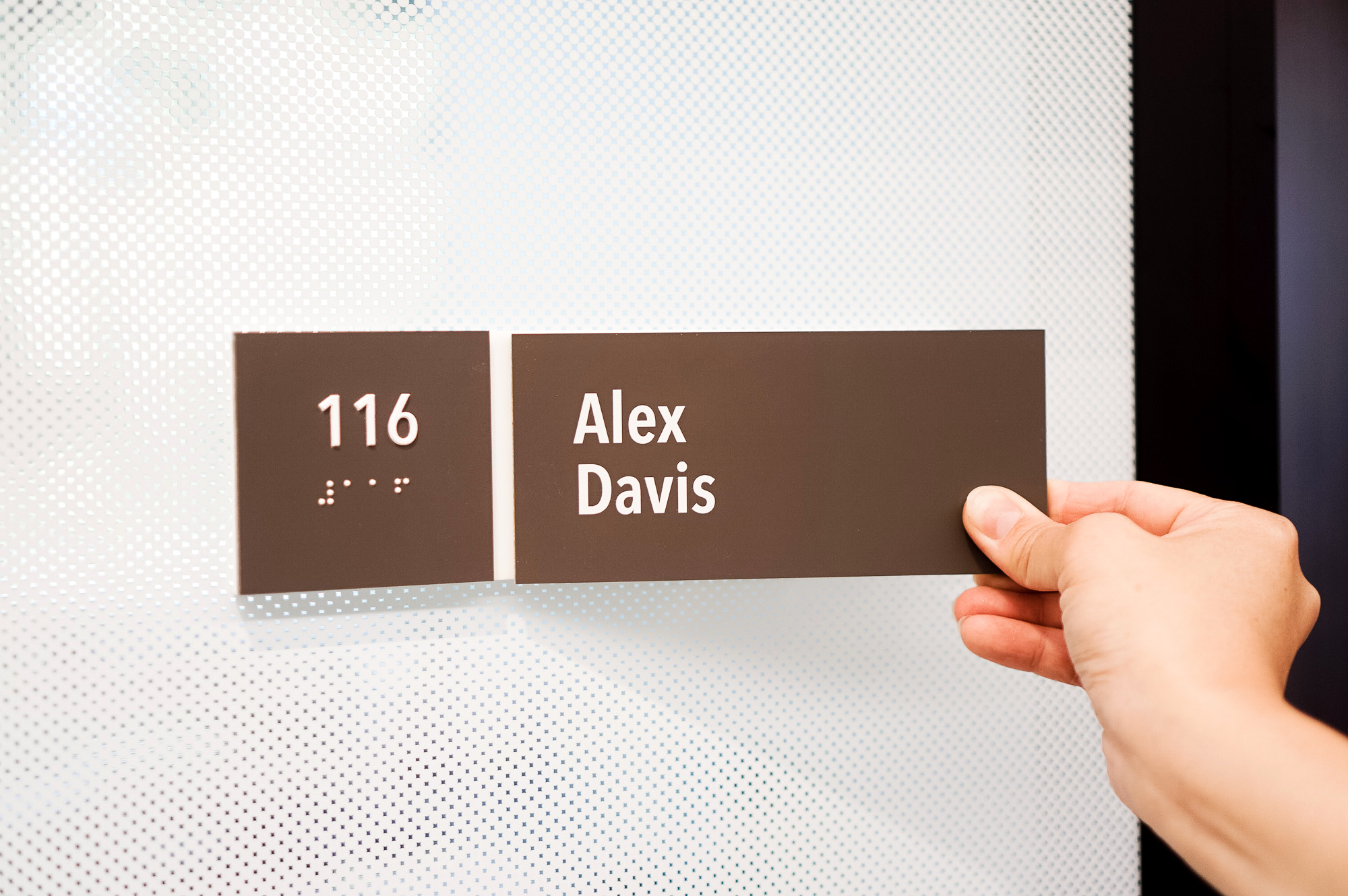 Changeable, minimal grey office ADA nameplate signs for Baker McKenzie, a multinational law firm. Changeable, minimal grey office ADA nameplate signs for Baker McKenzie, a multinational law firm.
