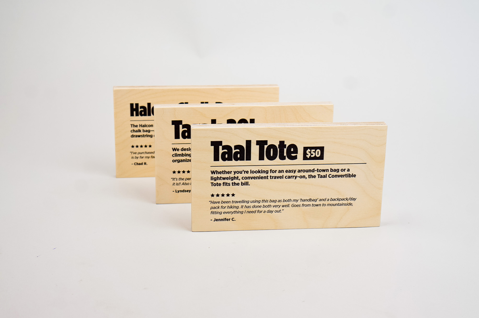 Light wood, pop-up shop product signs for Cotopaxi, a company that creates innovative outdoor products and experiences. Light wood, pop-up shop product signs for Cotopaxi, a company that creates innovative outdoor products and experiences.