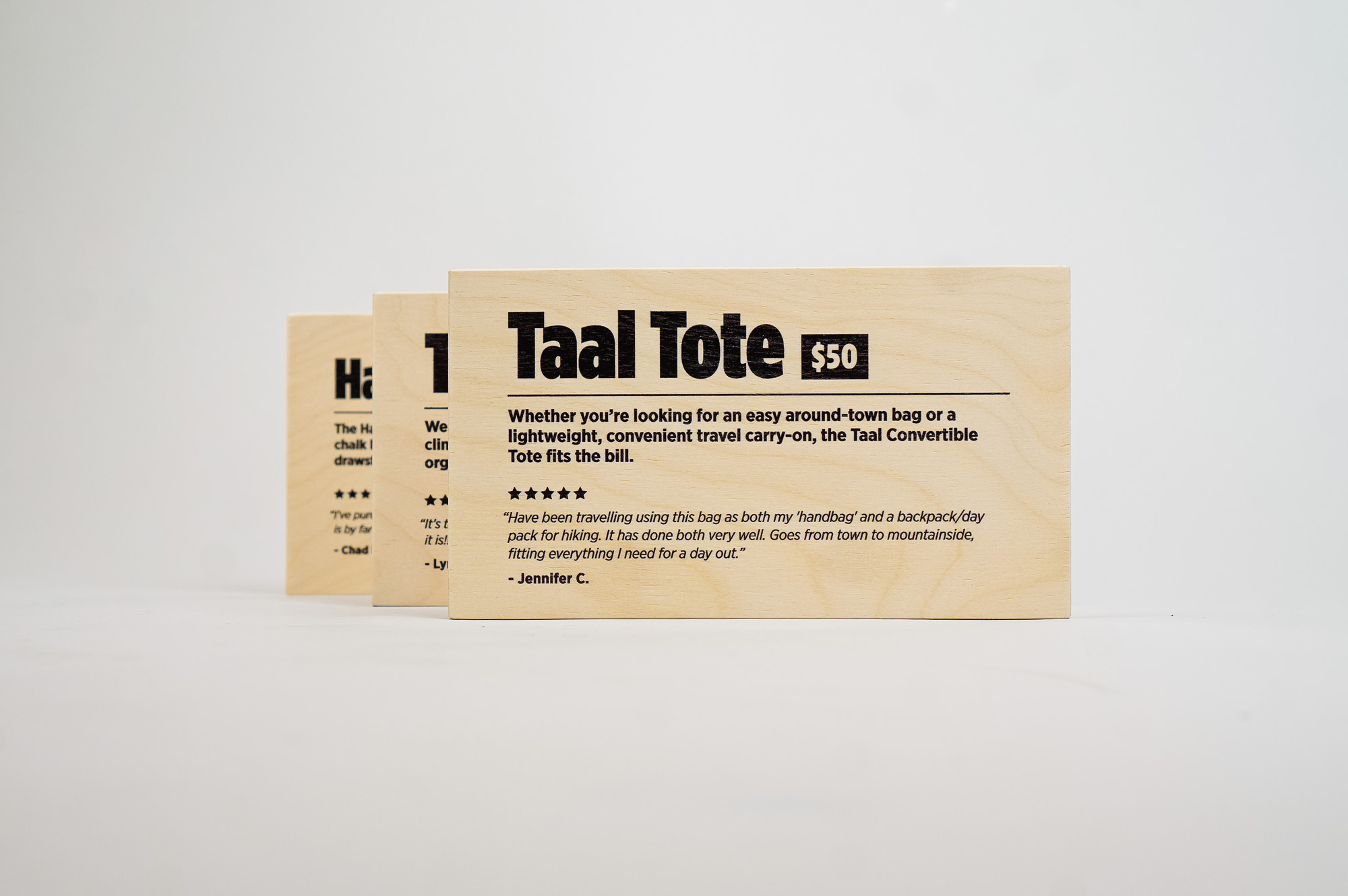 Light wood, pop-up shop product signs for Cotopaxi, a company that creates innovative outdoor products and experiences. Light wood, pop-up shop product signs for Cotopaxi, a company that creates innovative outdoor products and experiences.