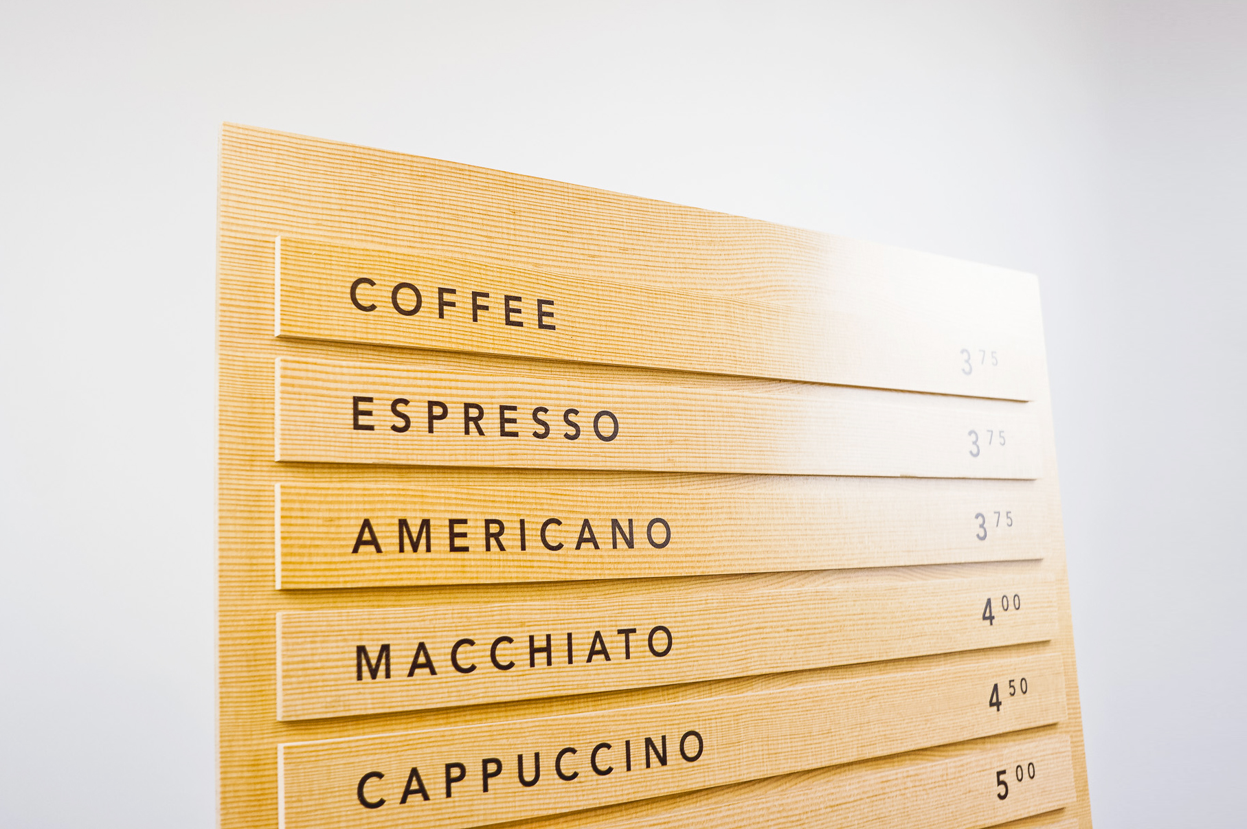 Wood menu with changeable items for Four Barrel, an independent coffee company based in San Francisco. Wood menu with changeable items for Four Barrel, an independent coffee company based in San Francisco.