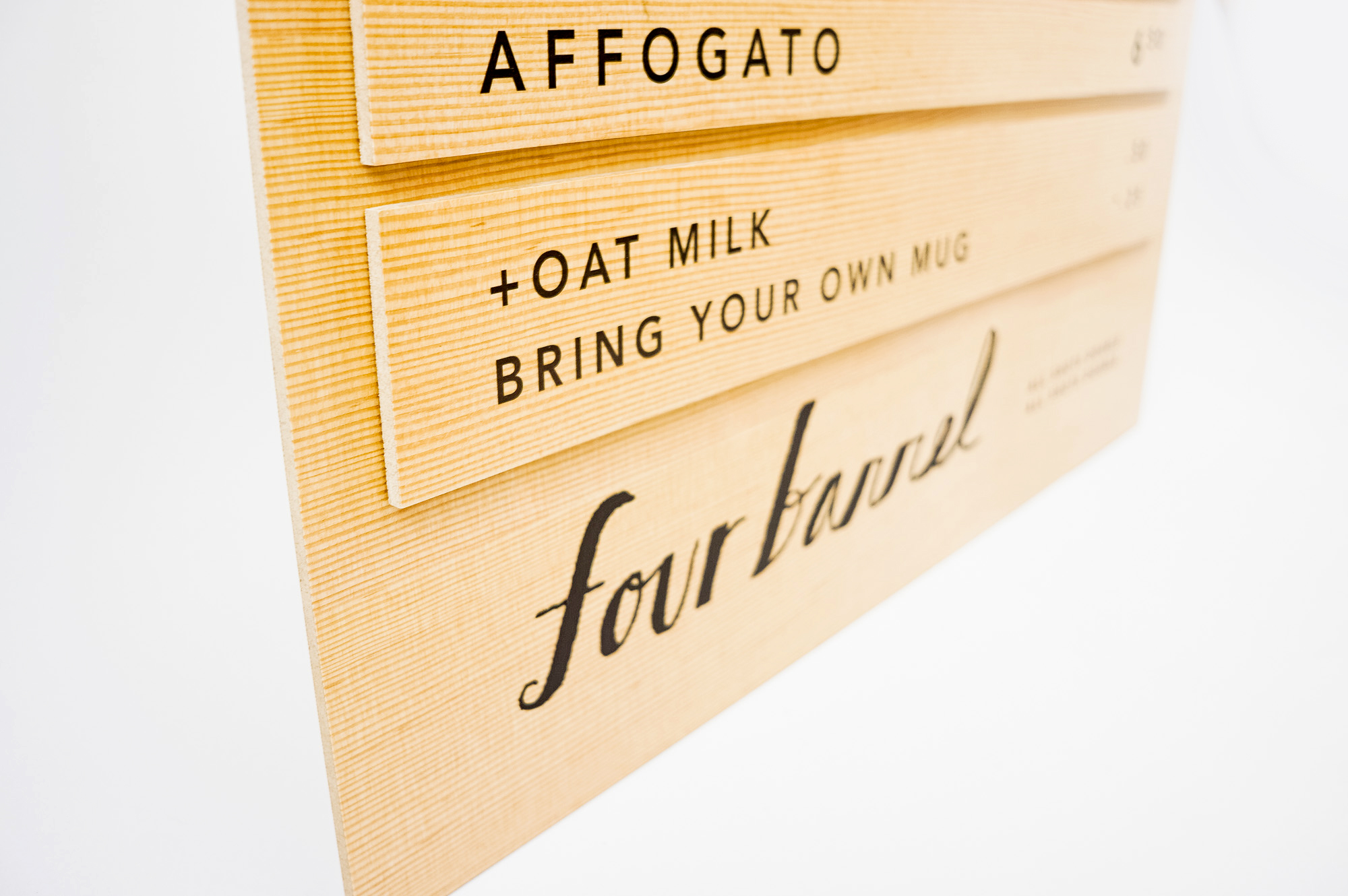 Wood menu with changeable items for Four Barrel, an independent coffee company based in San Francisco. Wood menu with changeable items for Four Barrel, an independent coffee company based in San Francisco.