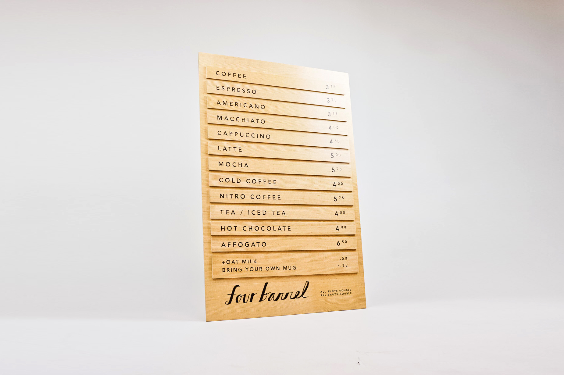 Wood menu with changeable items for Four Barrel, an independent coffee company based in San Francisco. Wood menu with changeable items for Four Barrel, an independent coffee company based in San Francisco.
