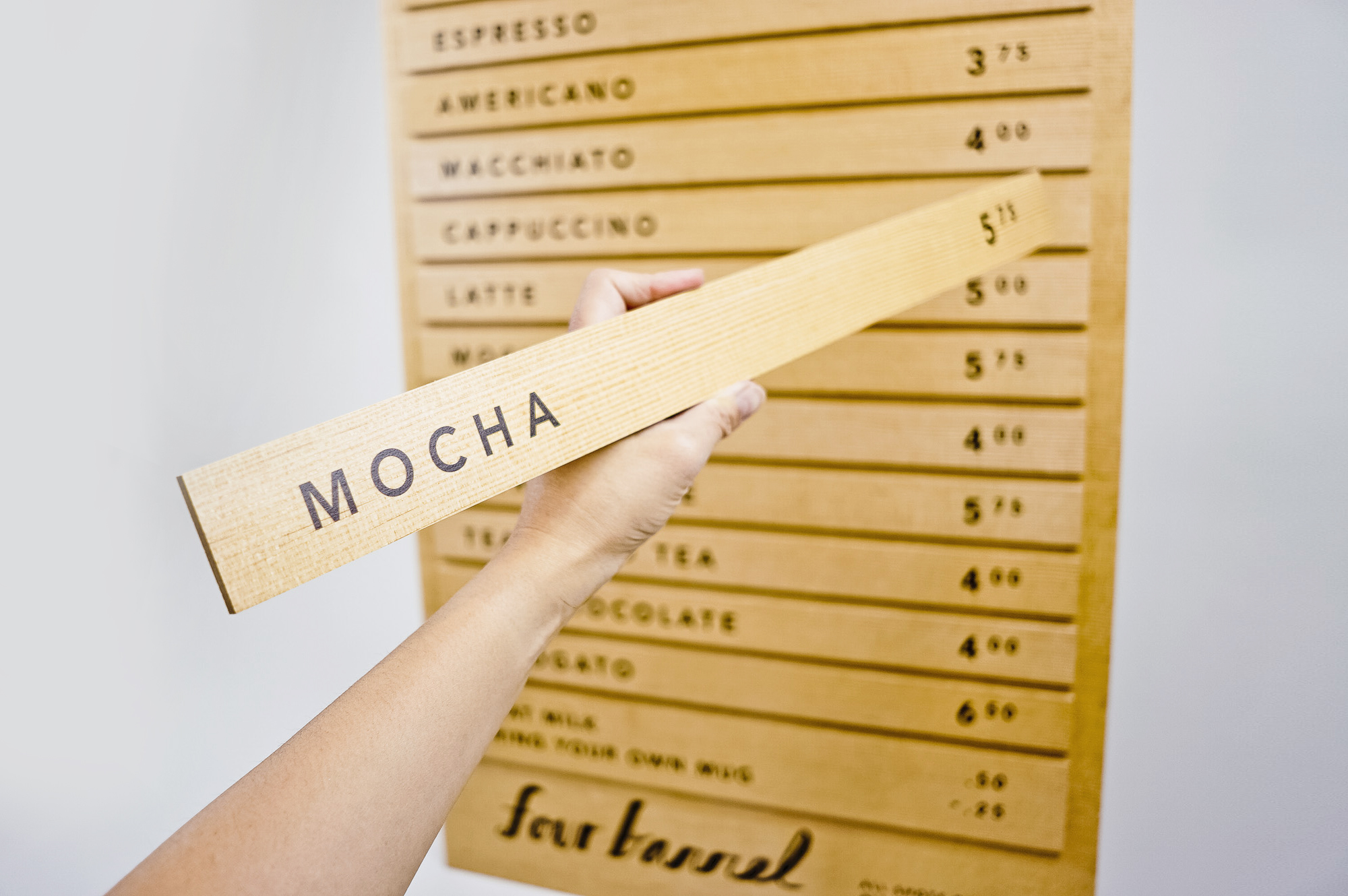 Wood menu with changeable items for Four Barrel, an independent coffee company based in San Francisco. Wood menu with changeable items for Four Barrel, an independent coffee company based in San Francisco.