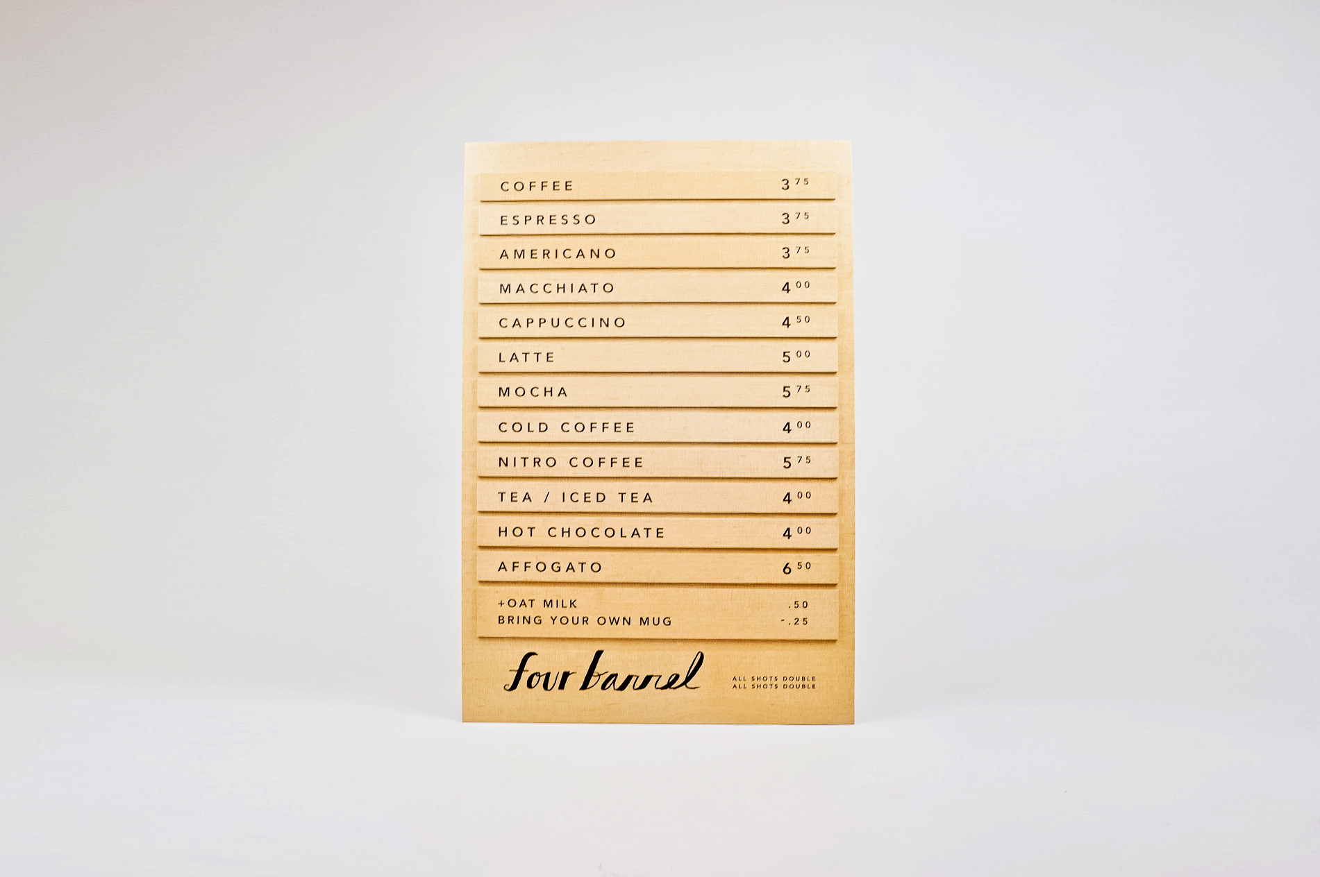 Wood menu with changeable items for Four Barrel, an independent coffee company based in San Francisco. Wood menu with changeable items for Four Barrel, an independent coffee company based in San Francisco.
