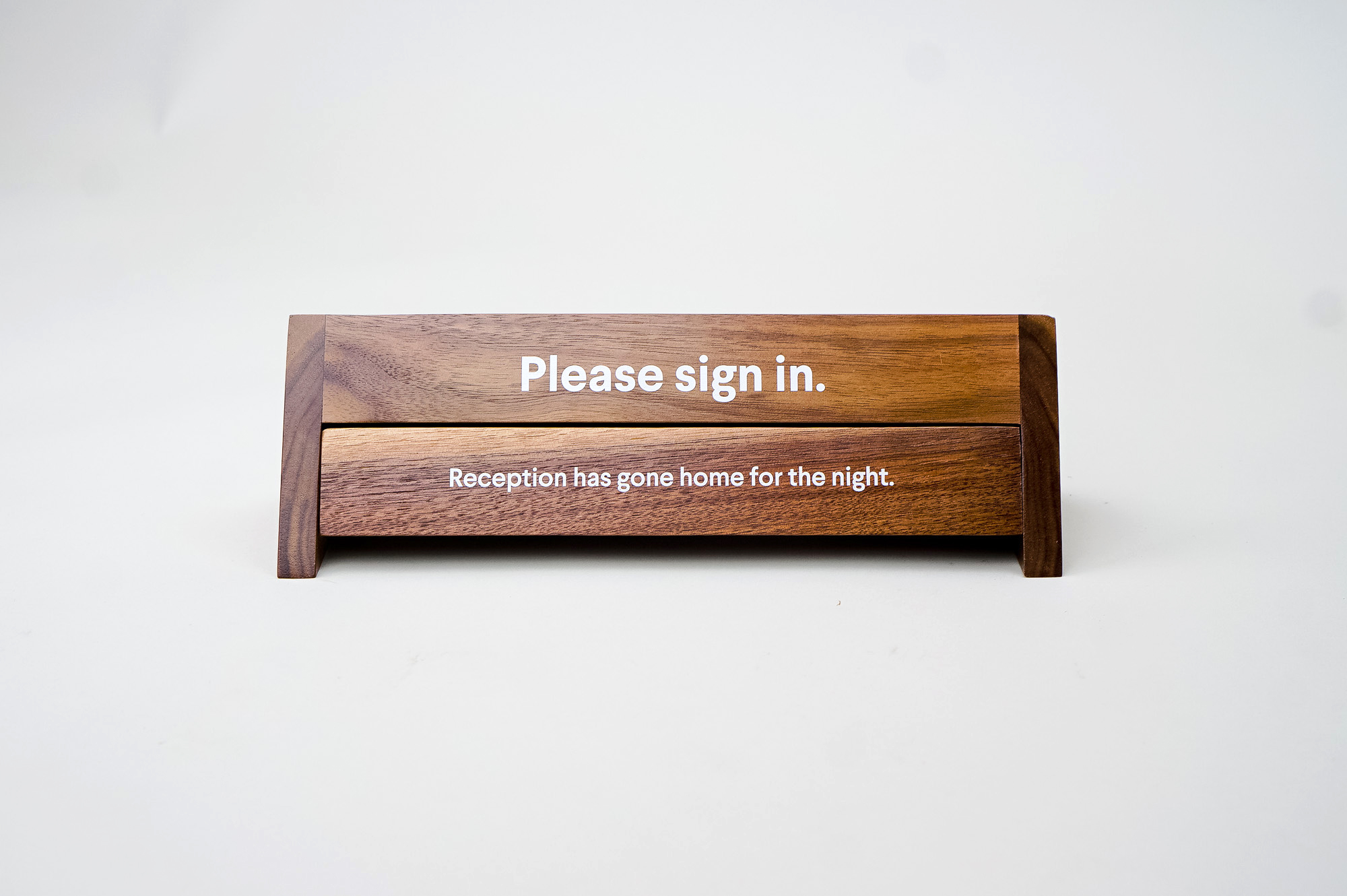 Rotating wood reception sign with various away messages for Slack, an American cloud-based set of team collaboration tools and services. Rotating wood reception sign with various away messages for Slack, an American cloud-based set of team collaboration tools and services.