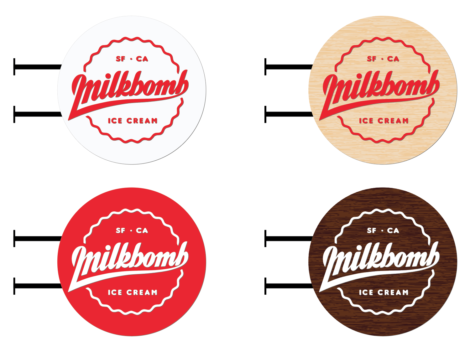 Red circular blade sign with white script for Milkbomb, a sweet stop for donut ice cream sandwiches.