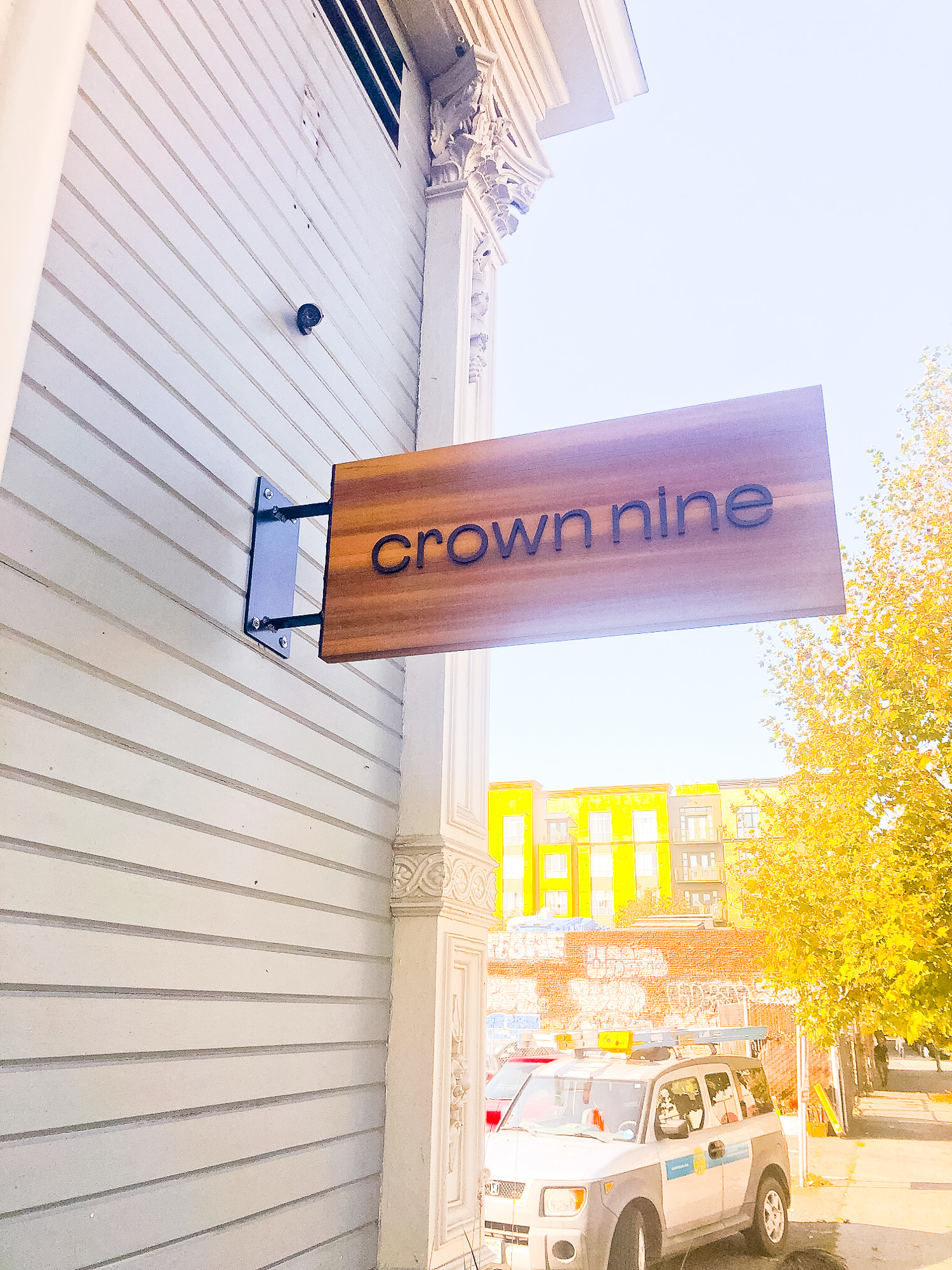 Minimal cedar blade sign for Crown Nine, a jewelry boutique of award winning jewelry artist Kate Ellen in the heart of historic Old Oakland. Minimal cedar blade sign for Crown Nine, a jewelry boutique of award winning jewelry artist Kate Ellen in the heart of historic Old Oakland.