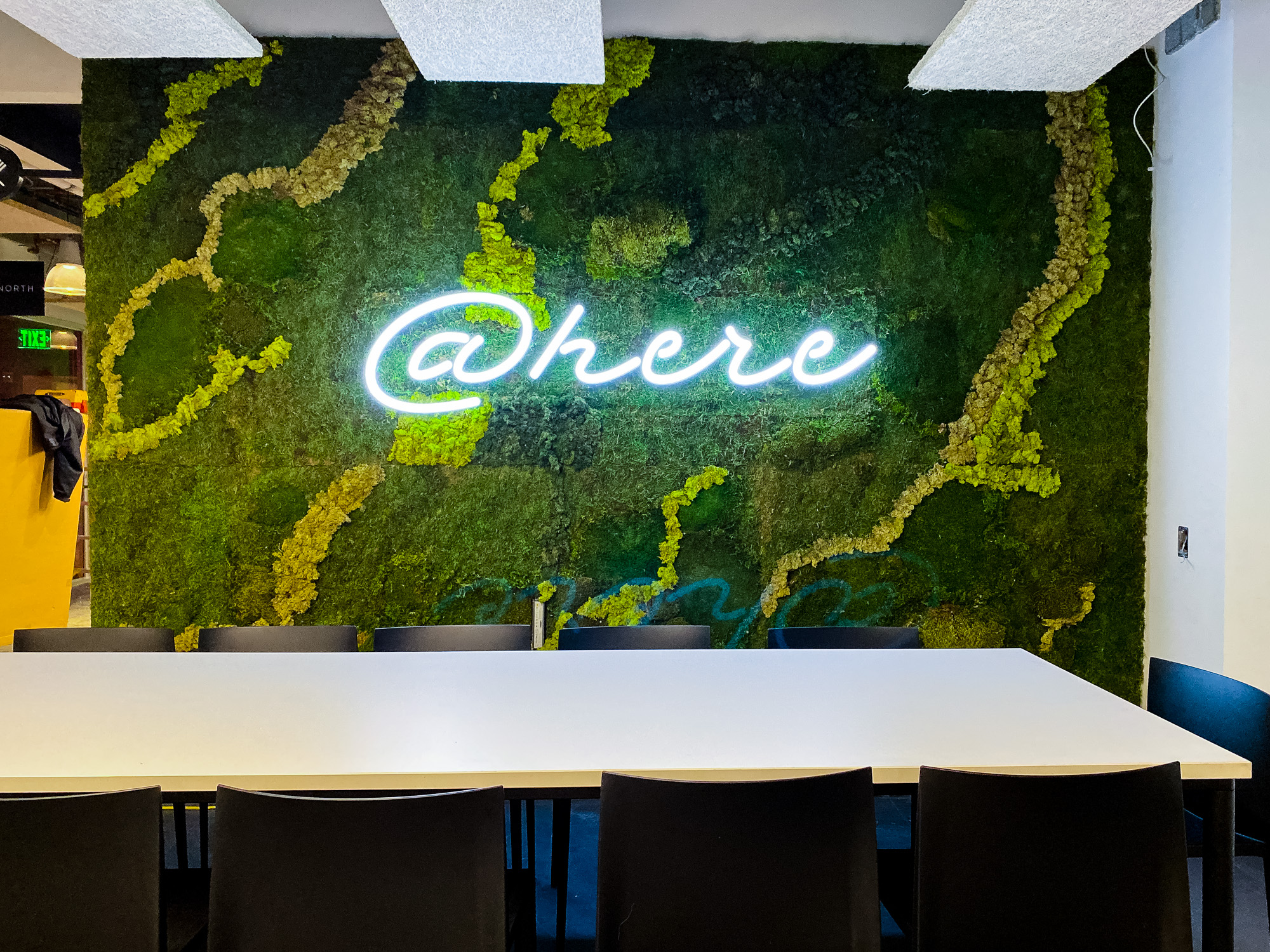 Neon-style @here sign on moss / living wall for the cafeteria/kitchen of Scale, a San Francisco based company delivering high quality training data for AI applications such as self-driving cars, mapping, AR/VR, robotics, and more. Neon-style @here sign on moss / living wall for the cafeteria/kitchen of Scale, a San Francisco based company delivering high quality training data for AI applications such as self-driving cars, mapping, AR/VR, robotics, and more.