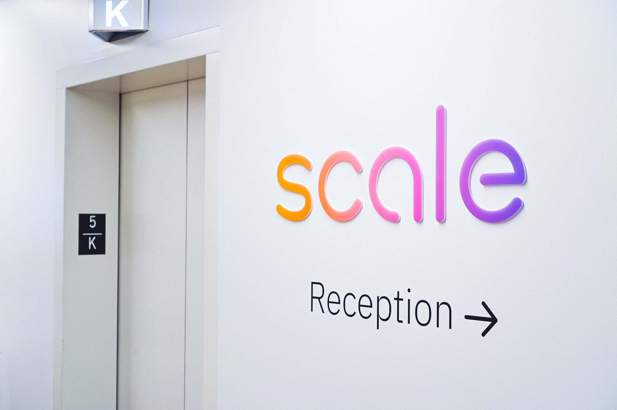 Full color, gradient elevator vestibule sign for Scale, a San Francisco based company delivering high quality training data for AI applications such as self-driving cars, mapping, AR/VR, robotics, and more. Full color, gradient elevator vestibule sign for Scale, a San Francisco based company delivering high quality training data for AI applications such as self-driving cars, mapping, AR/VR, robotics, and more.