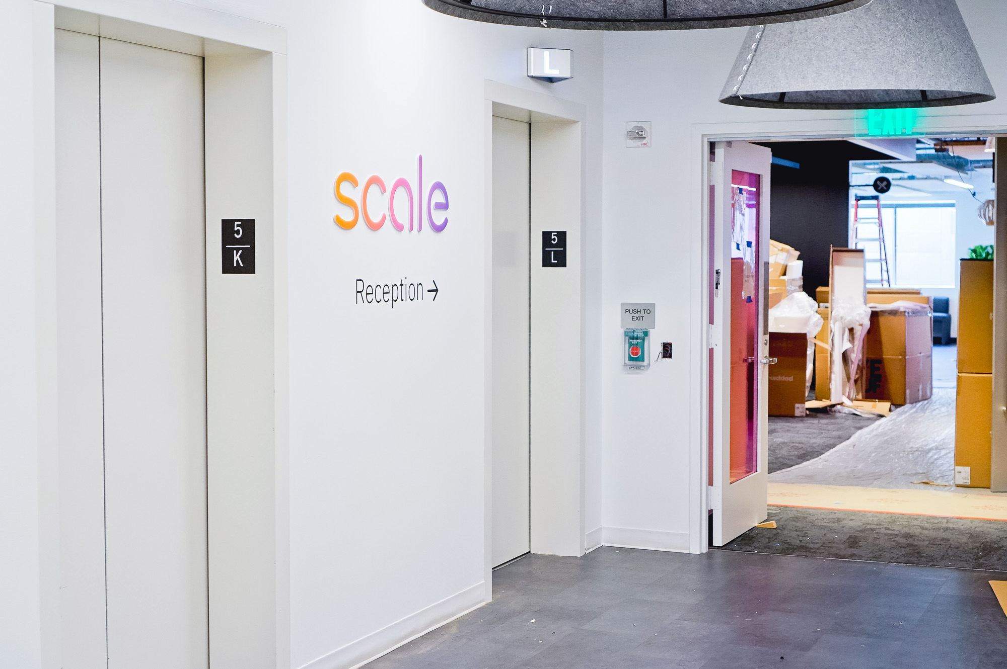 Full color, gradient elevator vestibule sign for Scale, a San Francisco based company delivering high quality training data for AI applications such as self-driving cars, mapping, AR/VR, robotics, and more. Full color, gradient elevator vestibule sign for Scale, a San Francisco based company delivering high quality training data for AI applications such as self-driving cars, mapping, AR/VR, robotics, and more.