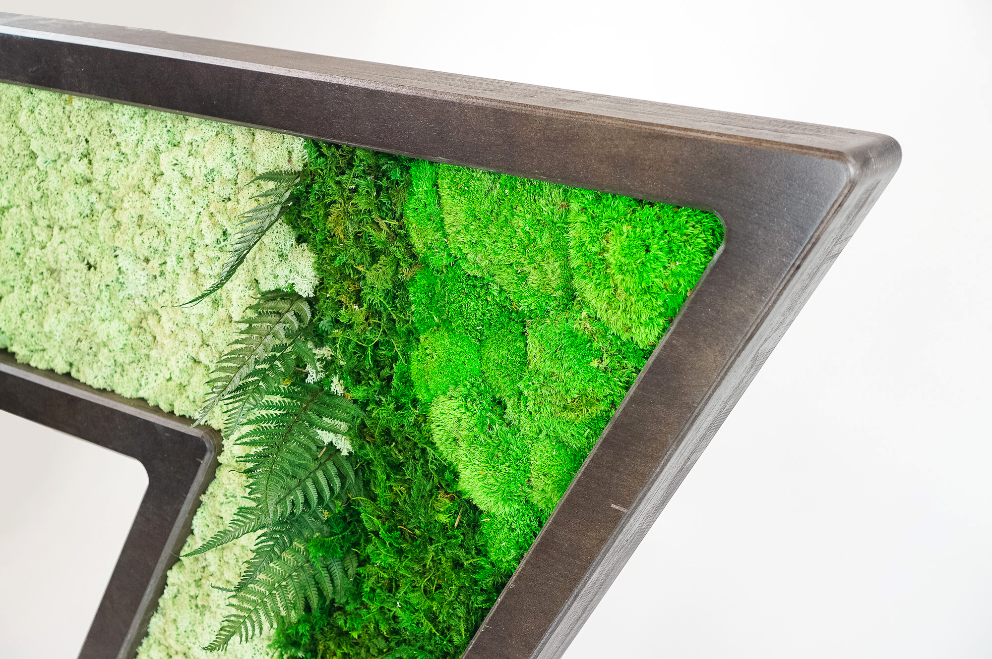 Dark wood letter filled with preserved moss art for Zumper, a full-service rental platform. Dark wood letter filled with preserved moss art for Zumper, a full-service rental platform.