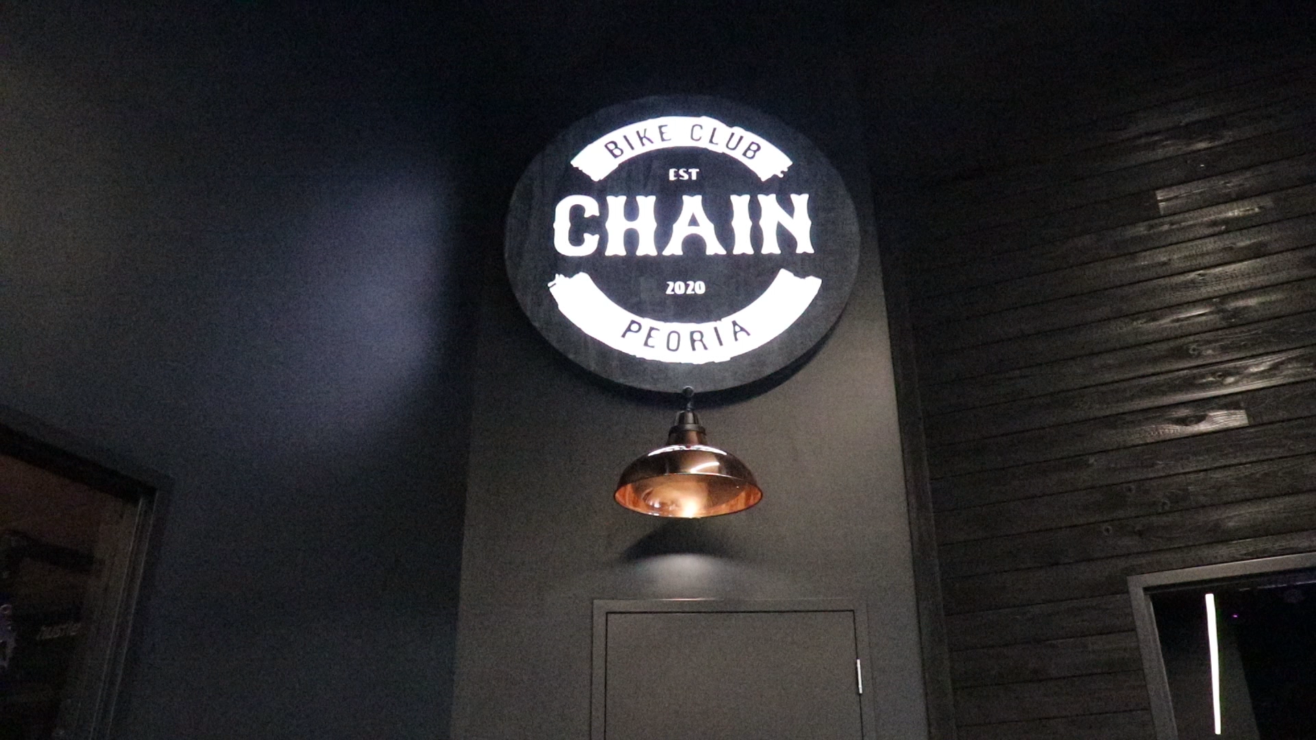 Faux rusty metal illuminated sign for Chain, a cycling studio in Styles Studios Fitness, a fitness club in Peoria, IL. Faux rusty metal illuminated sign for Chain, a cycling studio in Styles Studios Fitness, a fitness club in Peoria, IL.