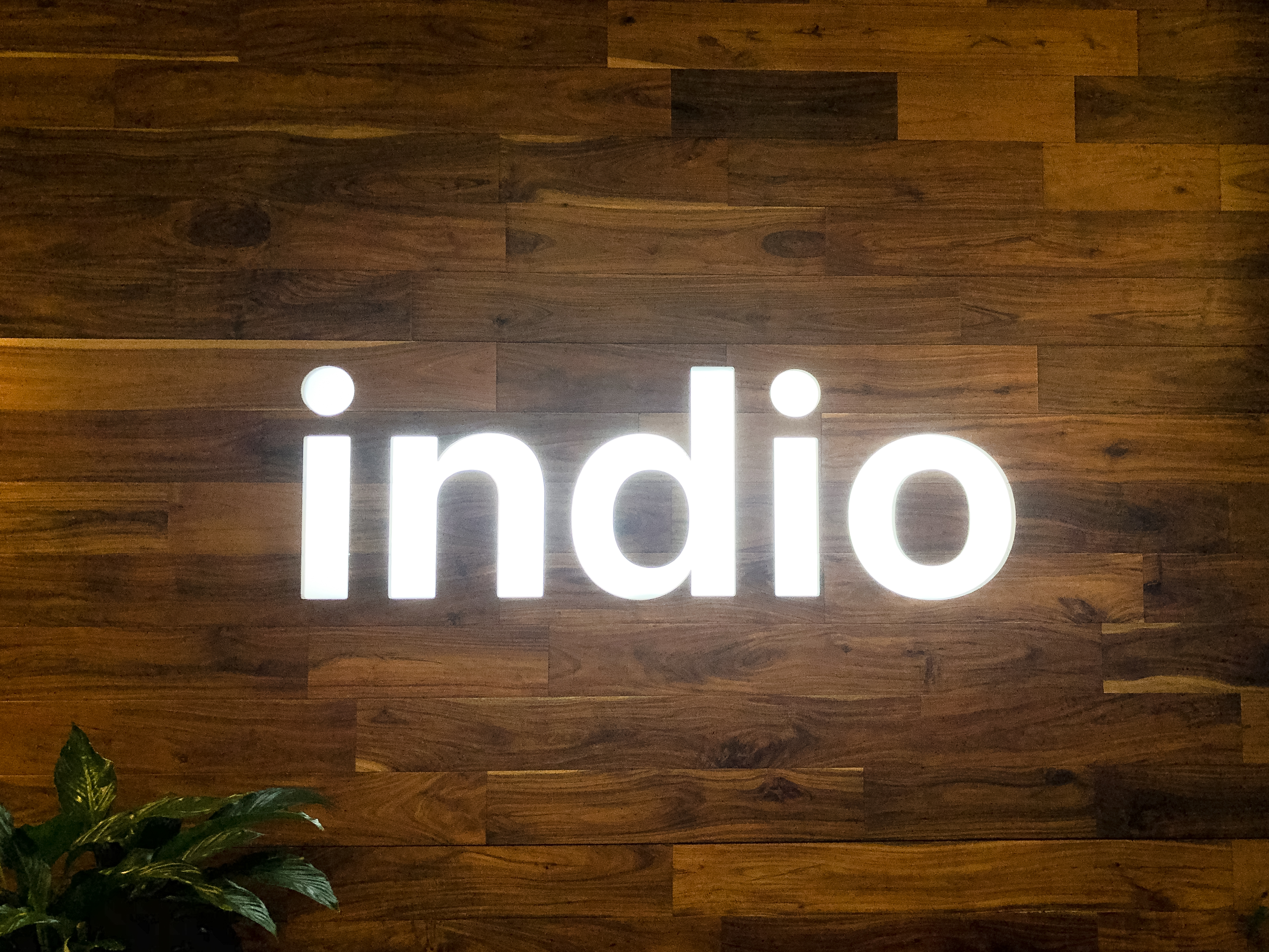 Full wall installation with dark wood and an illuminated, built-in logo for the San Francisco lobby of Indio, a company that simplifies the insurance application process for brokers and their clients.