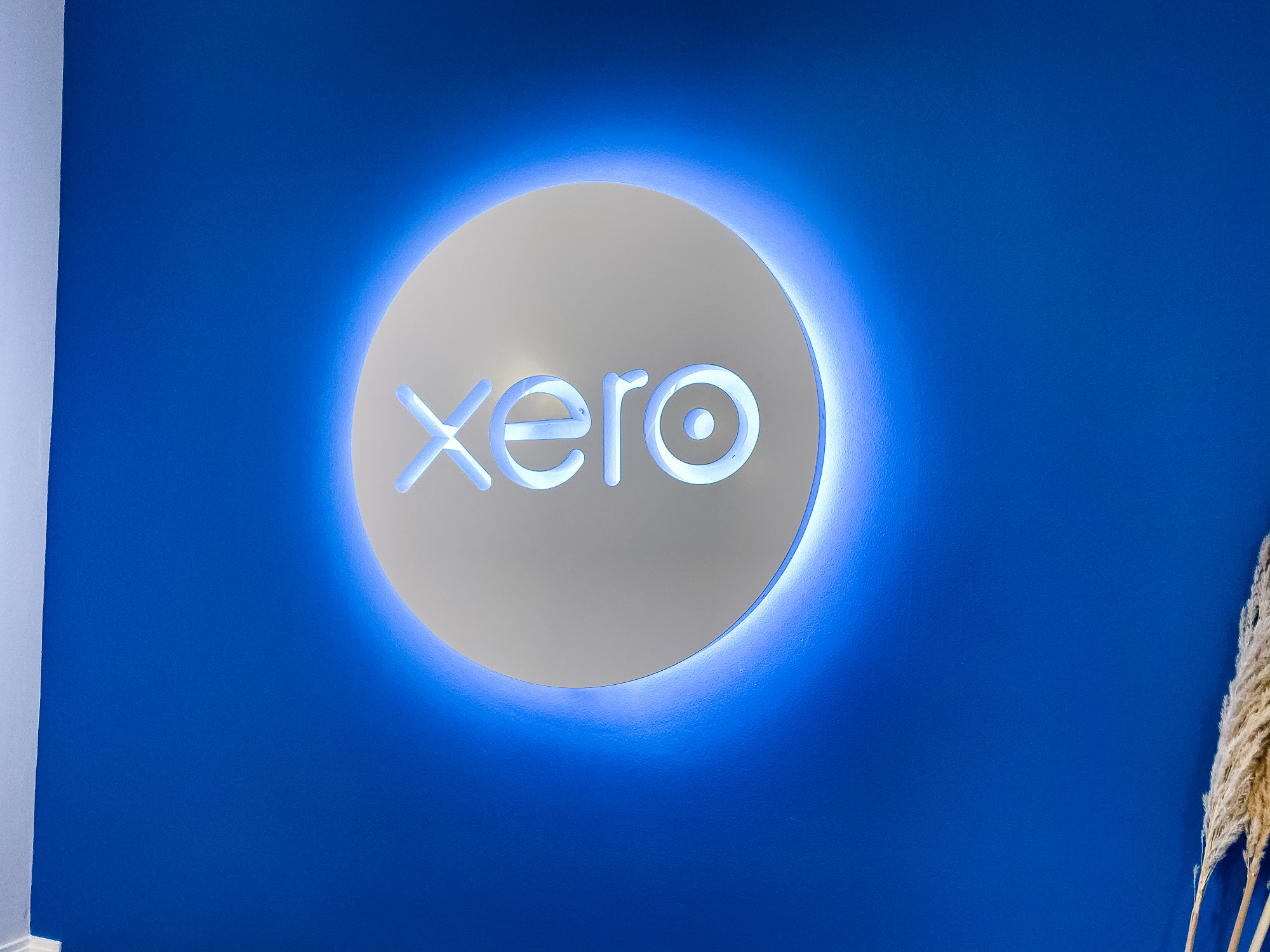 Illuminated, back-lit white sign on blue lobby wall for Xero, a cloud-based accounting software platform for small and medium-sized businesses.