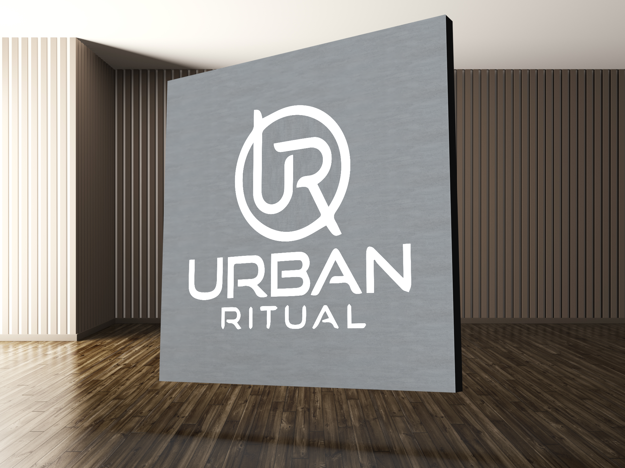 Brushed steel, interior-lit, large square wall sign for Urban Ritual, a fitness studio located in Styles Studios, a boutique fitness studio in Peoria, IL. Brushed steel, interior-lit, large square wall sign for Urban Ritual, a fitness studio located in Styles Studios, a boutique fitness studio in Peoria, IL.