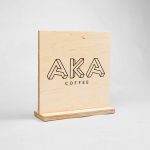 Wood tabletop sign for coffee popup at Square headquarters for AKA coffee, a coffee roastery based out of Oakland, CA.