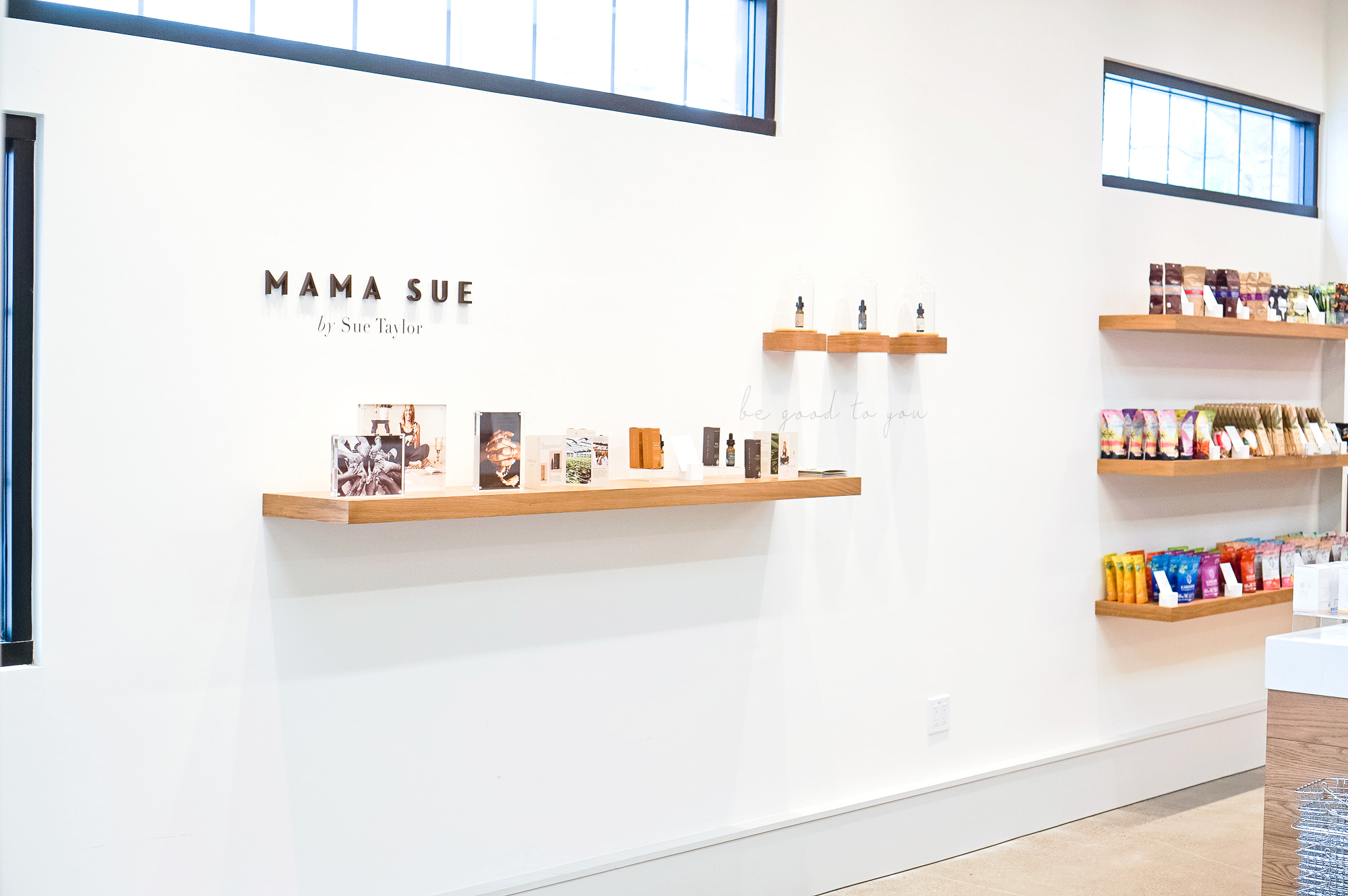 Minimal, black dimensional letters for the retail display of Mama Sue, a Berkeley, CA based company that brings cannabis to seniors.