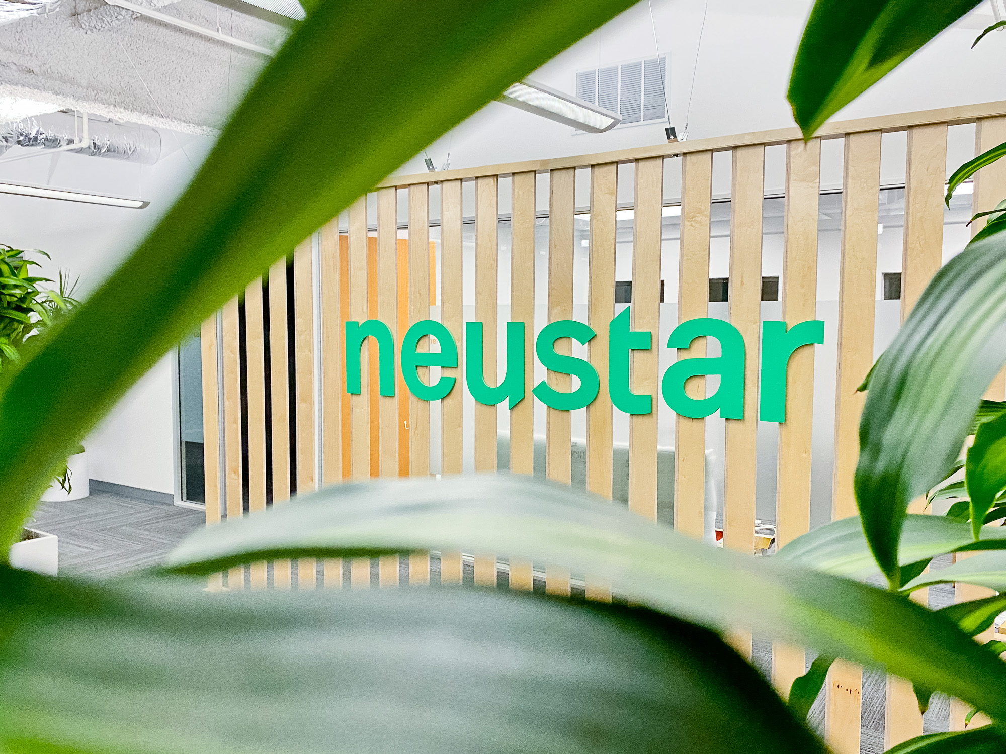 Wood slat dividing wall wiht green logo for lobby/reception desk area at the San Francisco office of Neustar, an American technology company that provides real-time information and analytics. Wood slat dividing wall wiht green logo for lobby/reception desk area at the San Francisco office of Neustar, an American technology company that provides real-time information and analytics.