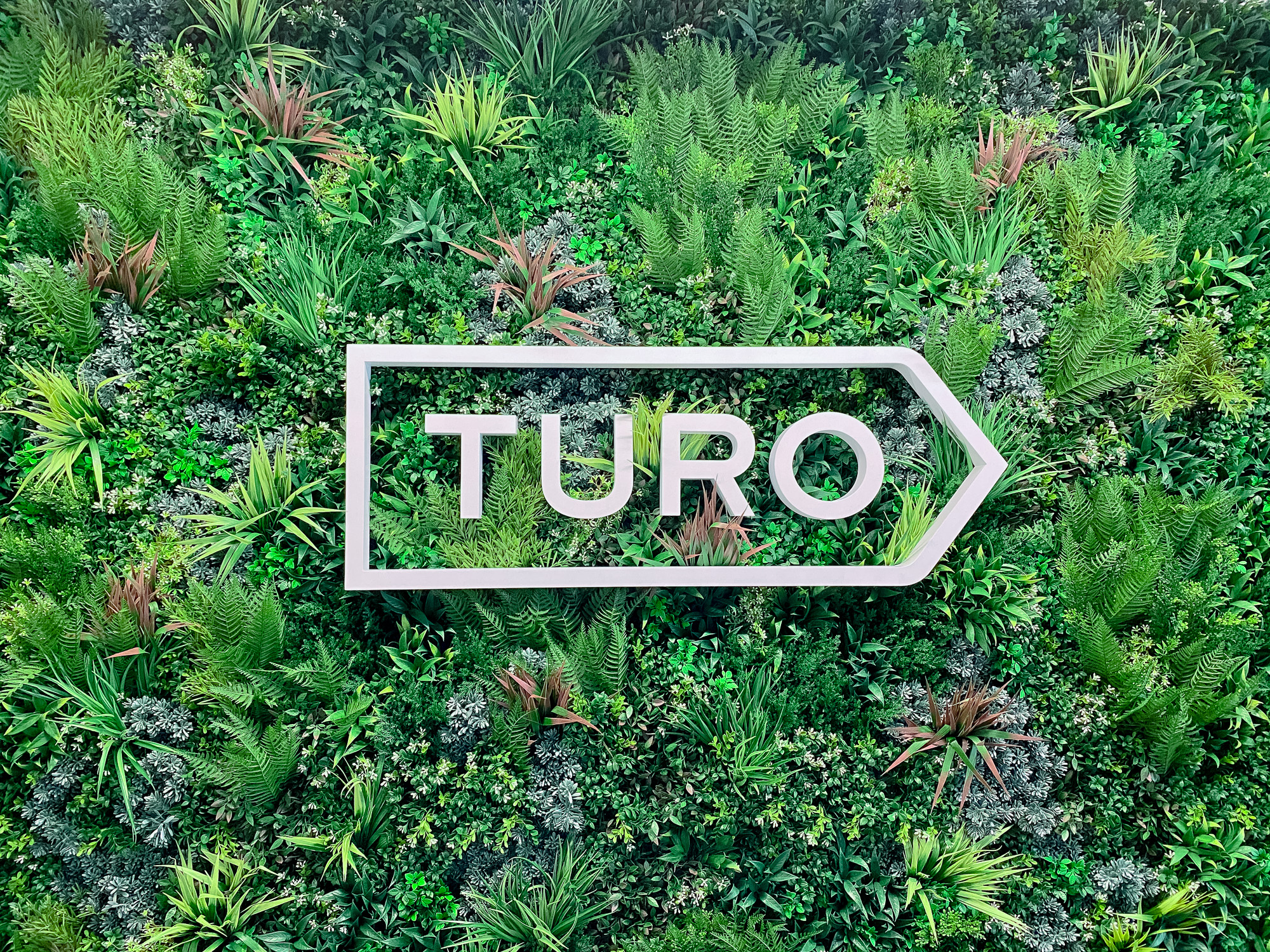 White dimensional logo on Vistagreen living wall for the lobby of Turo, an American peer-to-peer carsharing company.
