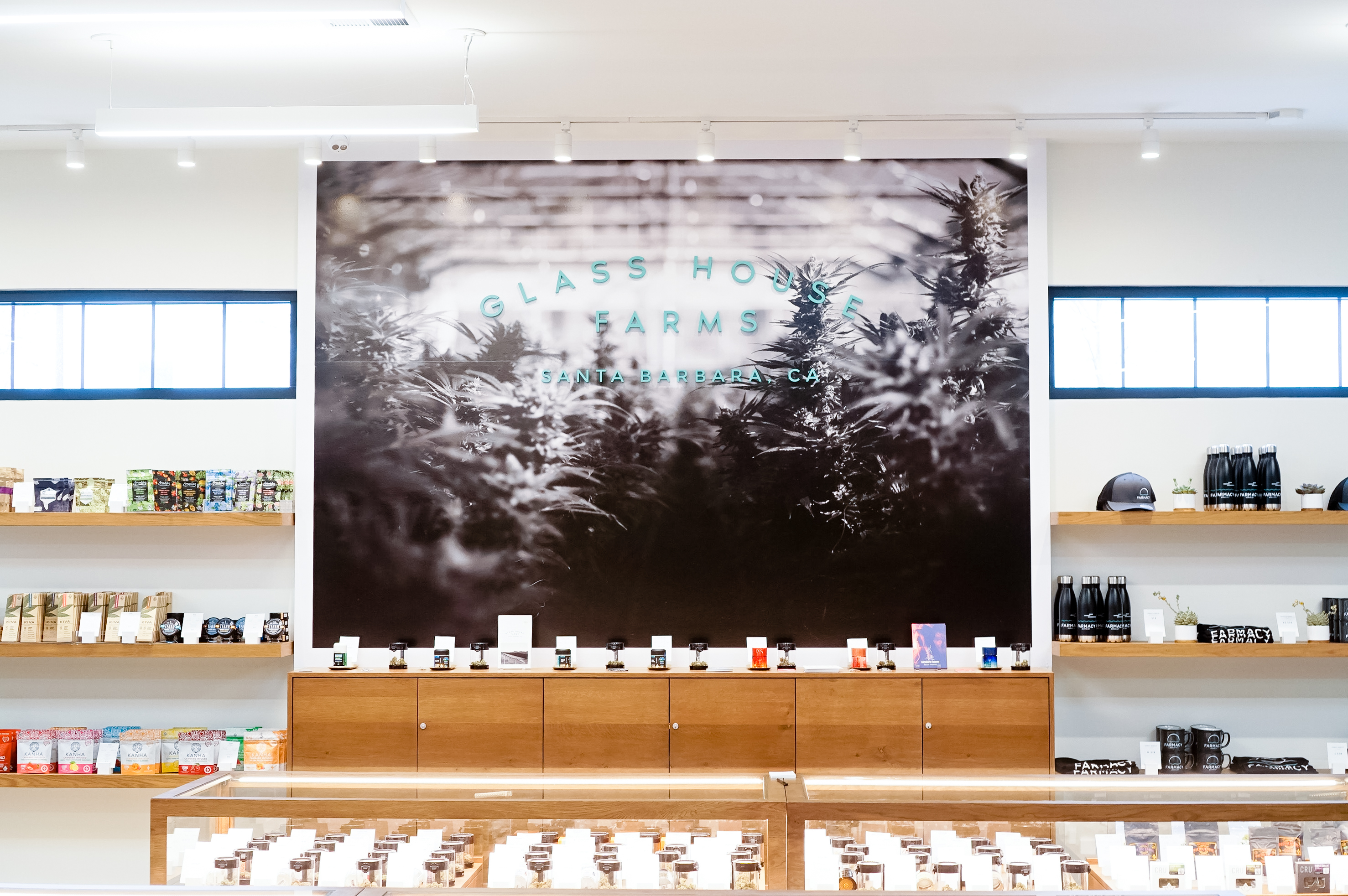 Teal letters on black and white photo mural for the retail display for Glass House Farms, a cannabis nursery in Santa Barbara, CA. Teal letters on black and white photo mural for the retail display for Glass House Farms, a cannabis nursery in Santa Barbara, CA.