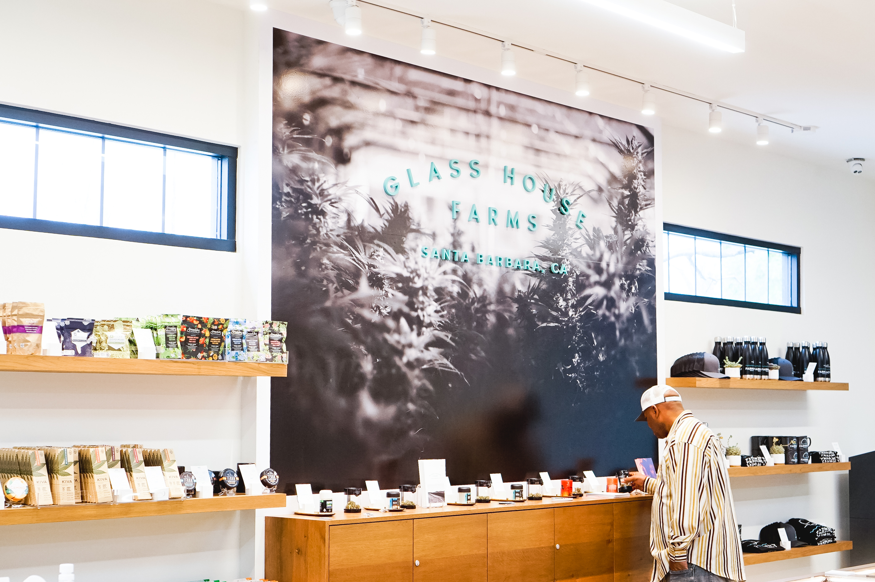 Teal letters on black and white photo mural for the retail display for Glass House Farms, a cannabis nursery in Santa Barbara, CA. Teal letters on black and white photo mural for the retail display for Glass House Farms, a cannabis nursery in Santa Barbara, CA.