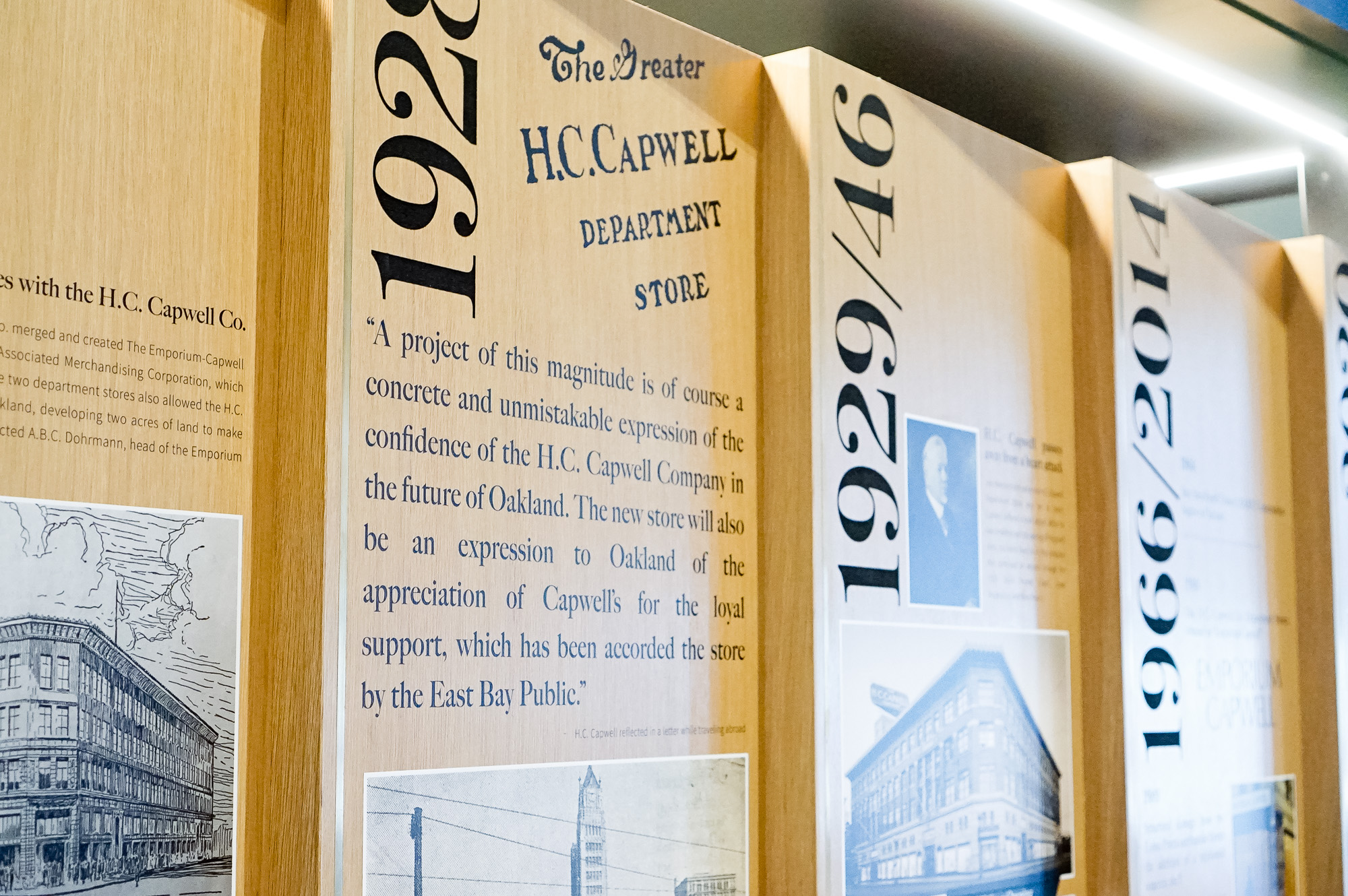 Wood/mixed media dimensional timeline display in the lobby of Uptown Station, an office and retail complex in a restored historic building located in downtown Oakland. Wood/mixed media dimensional timeline display in the lobby of Uptown Station, an office and retail complex in a restored historic building located in downtown Oakland.