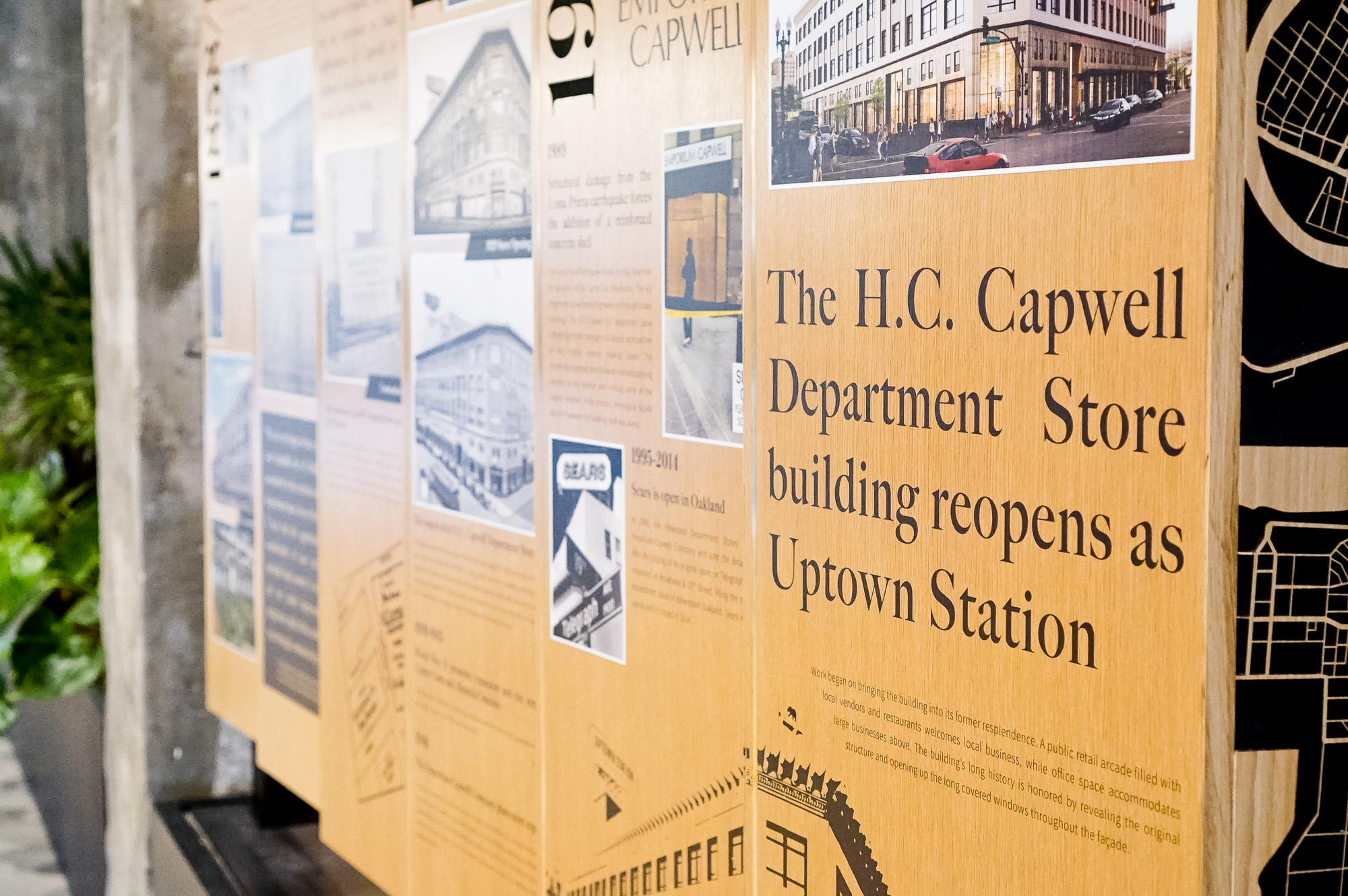 Wood/mixed media dimensional timeline display in the lobby of Uptown Station, an office and retail complex in a restored historic building located in downtown Oakland.
