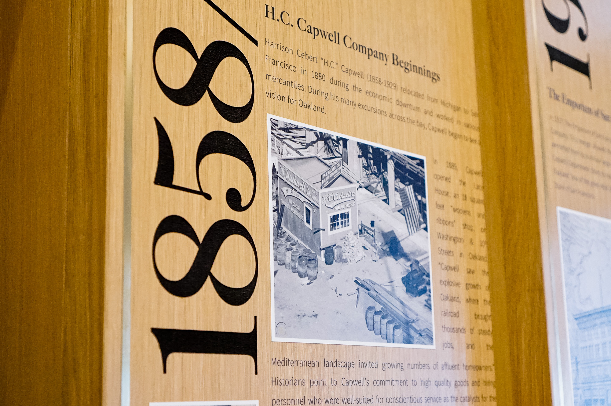 Wood/mixed media dimensional timeline display in the lobby of Uptown Station, an office and retail complex in a restored historic building located in downtown Oakland. Wood/mixed media dimensional timeline display in the lobby of Uptown Station, an office and retail complex in a restored historic building located in downtown Oakland.