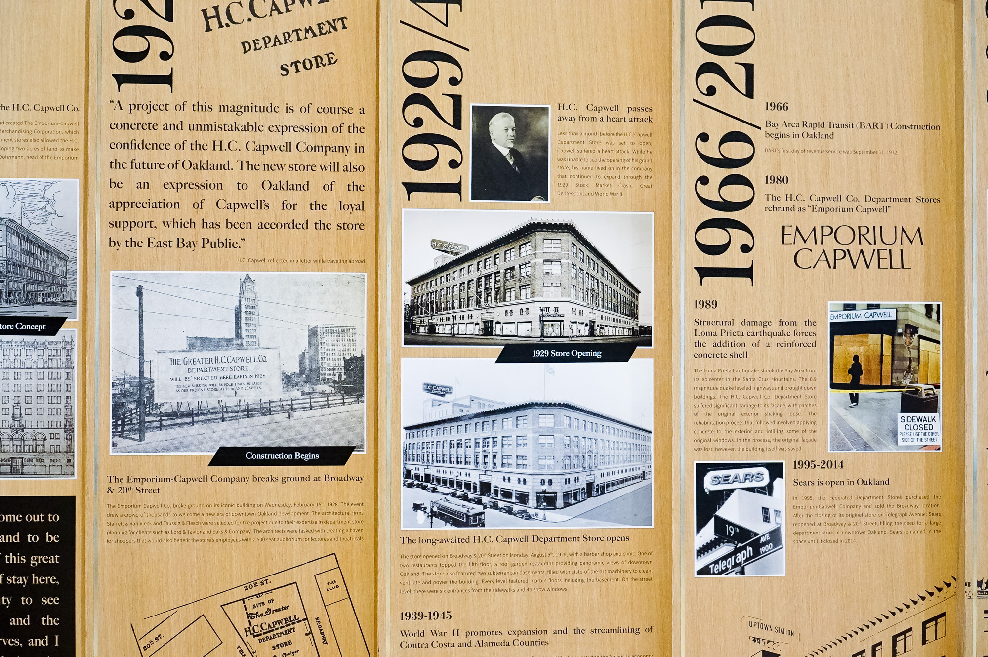 Wood/mixed media dimensional timeline display in the lobby of Uptown Station, an office and retail complex in a restored historic building located in downtown Oakland. Wood/mixed media dimensional timeline display in the lobby of Uptown Station, an office and retail complex in a restored historic building located in downtown Oakland.