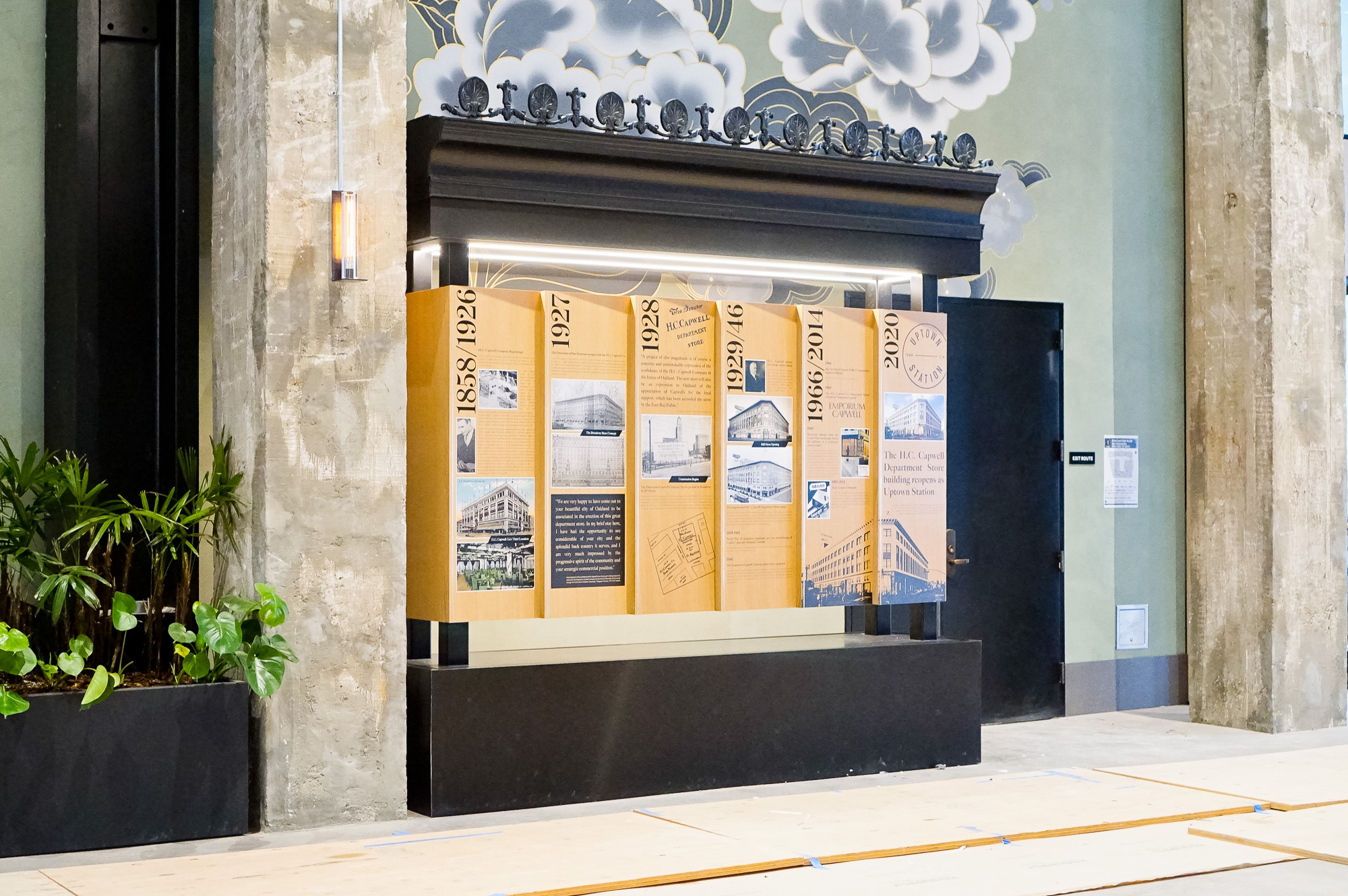 Wood/mixed media dimensional timeline display in the lobby of Uptown Station, an office and retail complex in a restored historic building located in downtown Oakland. Wood/mixed media dimensional timeline display in the lobby of Uptown Station, an office and retail complex in a restored historic building located in downtown Oakland.