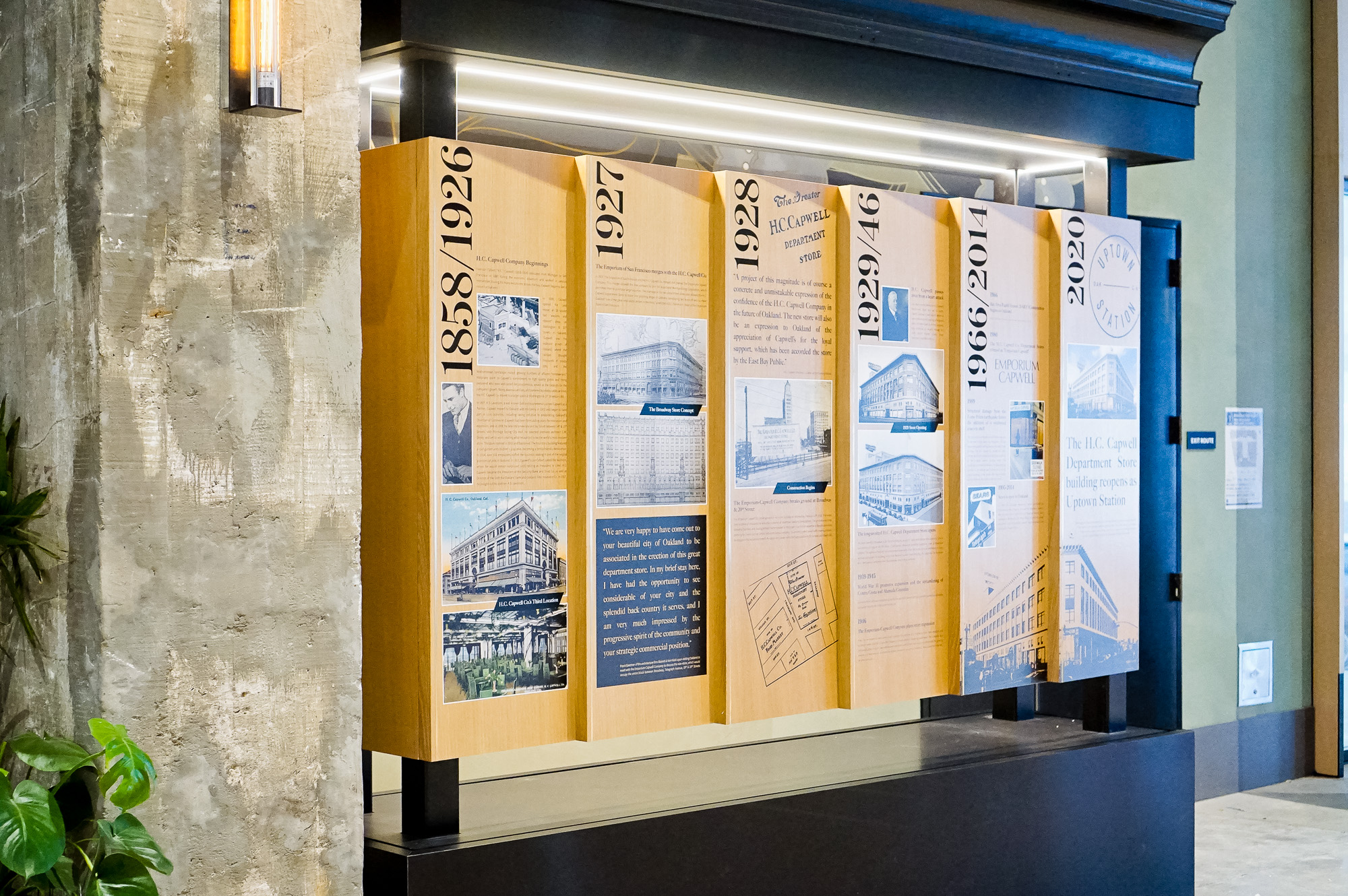 Wood/mixed media dimensional timeline display in the lobby of Uptown Station, an office and retail complex in a restored historic building located in downtown Oakland. Wood/mixed media dimensional timeline display in the lobby of Uptown Station, an office and retail complex in a restored historic building located in downtown Oakland.