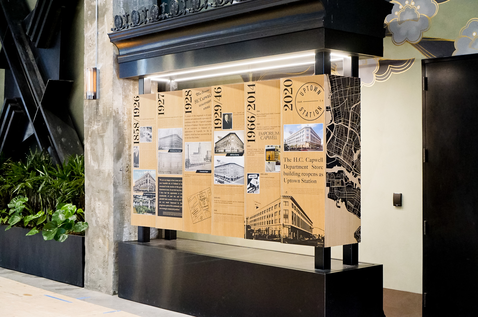 Wood/mixed media dimensional timeline display in the lobby of Uptown Station, an office and retail complex in a restored historic building located in downtown Oakland. Wood/mixed media dimensional timeline display in the lobby of Uptown Station, an office and retail complex in a restored historic building located in downtown Oakland.