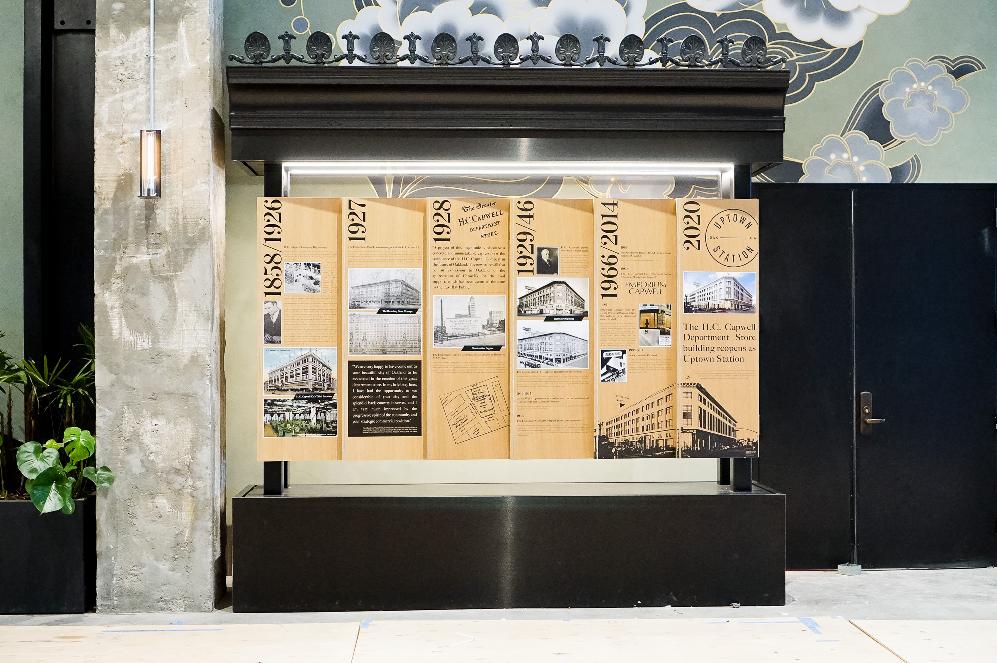 Wood/mixed media dimensional timeline display in the lobby of Uptown Station, an office and retail complex in a restored historic building located in downtown Oakland. Wood/mixed media dimensional timeline display in the lobby of Uptown Station, an office and retail complex in a restored historic building located in downtown Oakland.
