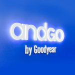 Illuminated, blue, edge-lit sign for the San Francisco office of andgo by Goodyear, a seamless vehicle-servicing platform designed to help consumer fleets monitor their service needs and improve their scheduling.