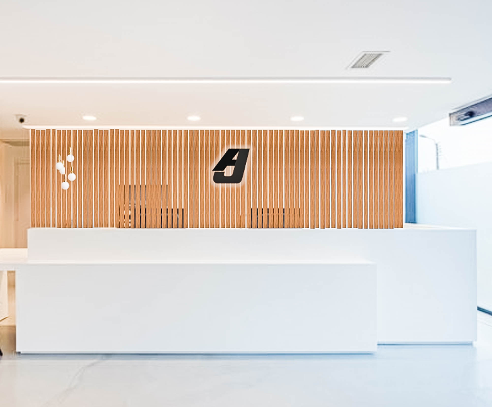 Anning-Johnson Company Illuminated, back-lit black sign for slat wood wall for the lobby of Anning-Johnson Company, one of the country's largest specialty construction companies.