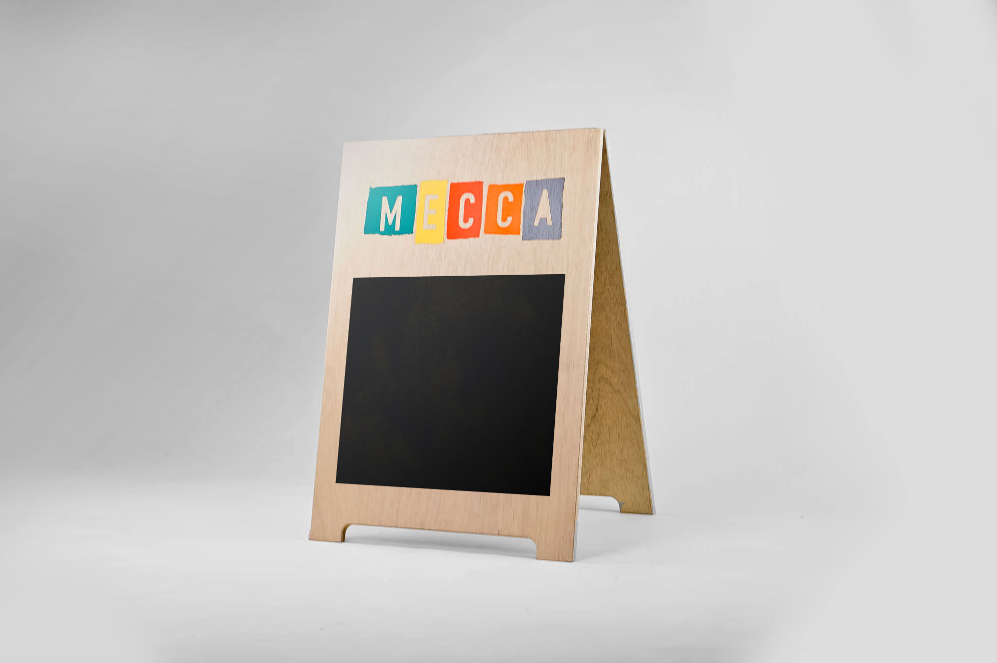 Mecca A-frame Wood a-frame/sidewalk sign with colorful painted logo and chalkboard for Materials Exchange, a community powered nonprofit organization dedicated to the arts and environmental conservation.
